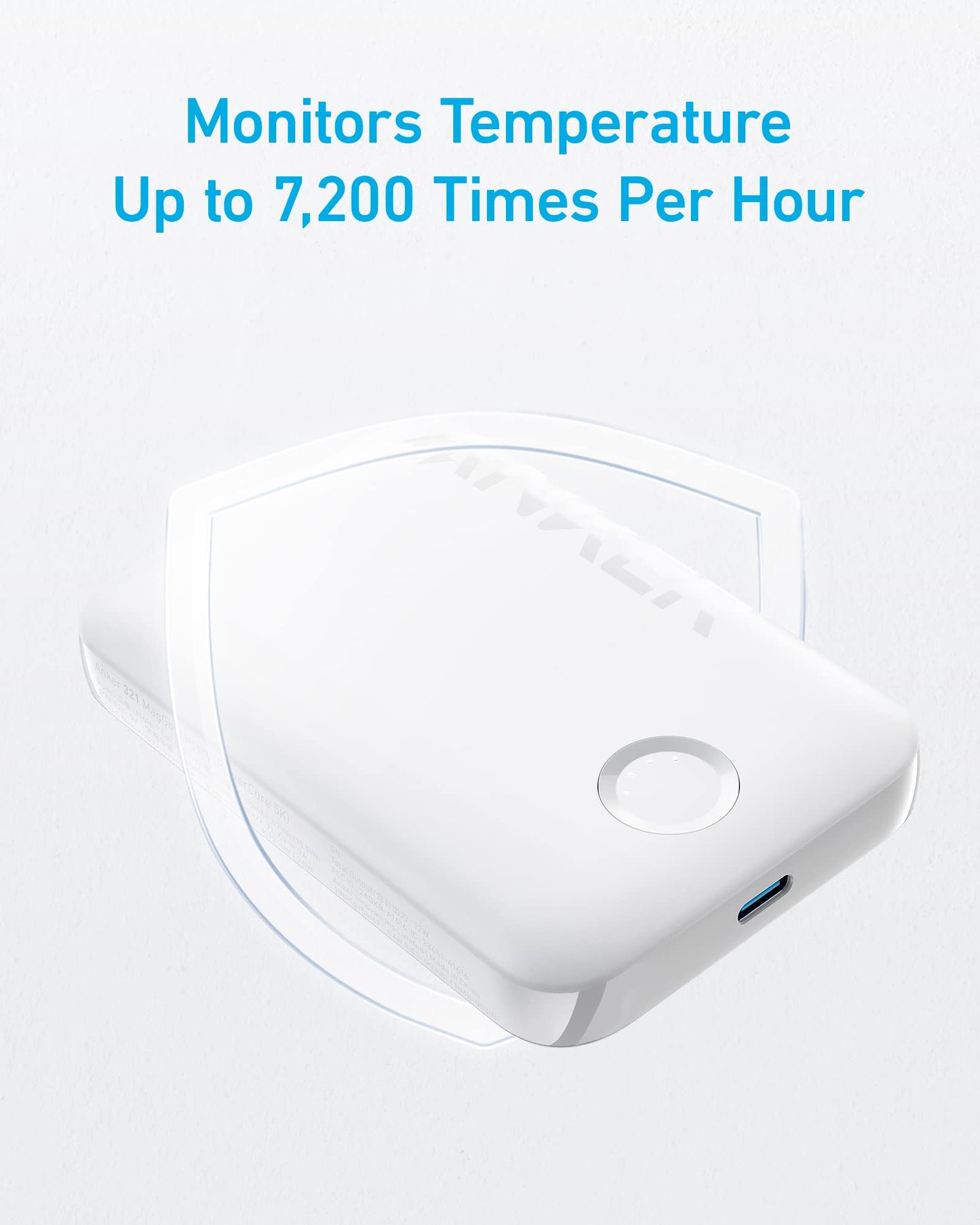 The Anker 321 MagGo Battery (PowerCore Magnetic 5K) by Anker, a white rectangular device with rounded edges and a button on top, sits in front of a shield outline. Blue text above reads: "Monitors Temperature Up to 7,200 Times Per Hour." A USB-C port is visible.