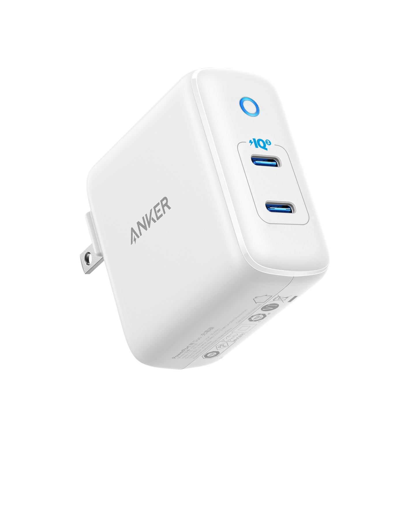 The Anker 324 Charger (40W) is a sleek white charger with two blue-outlined USB-C ports, fast charging, a circular LED indicator, foldable prongs, and the Anker logo on its side. Set against a plain white background.