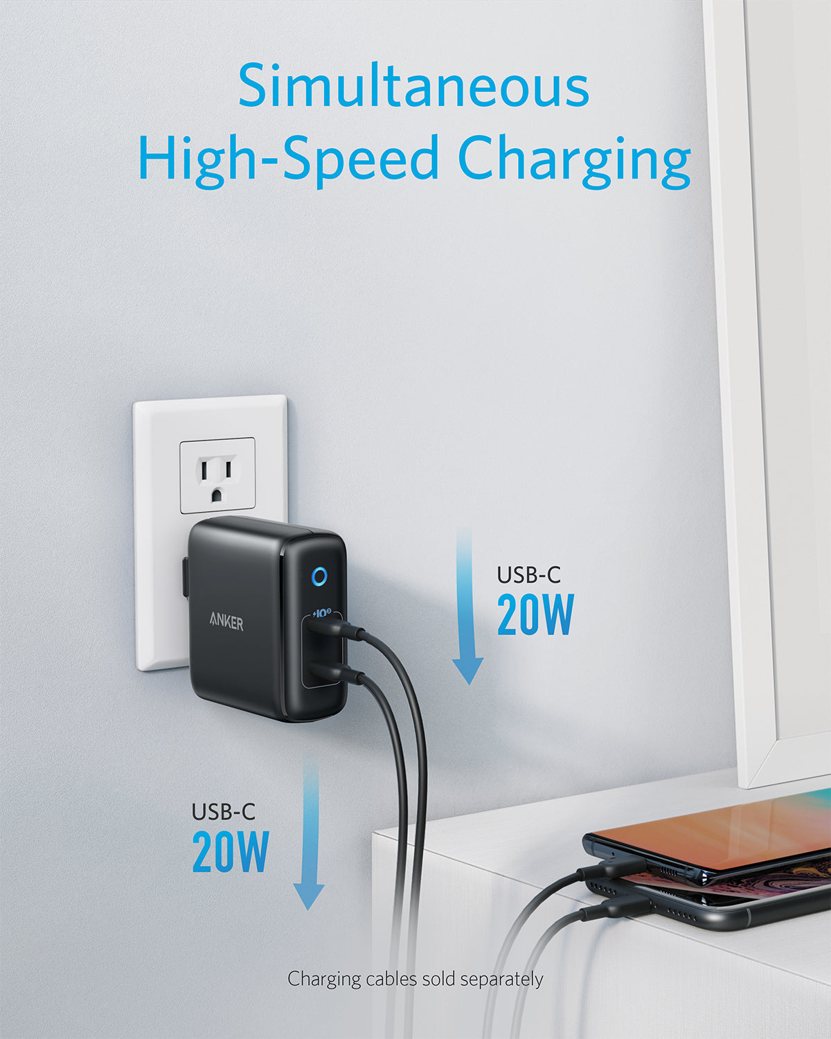 An Anker 324 Charger (40W) in black is plugged into a wall outlet, fast charging two smartphones on a white table with USB-C cables (sold separately). Blue text highlights its simultaneous high-speed charging capability.