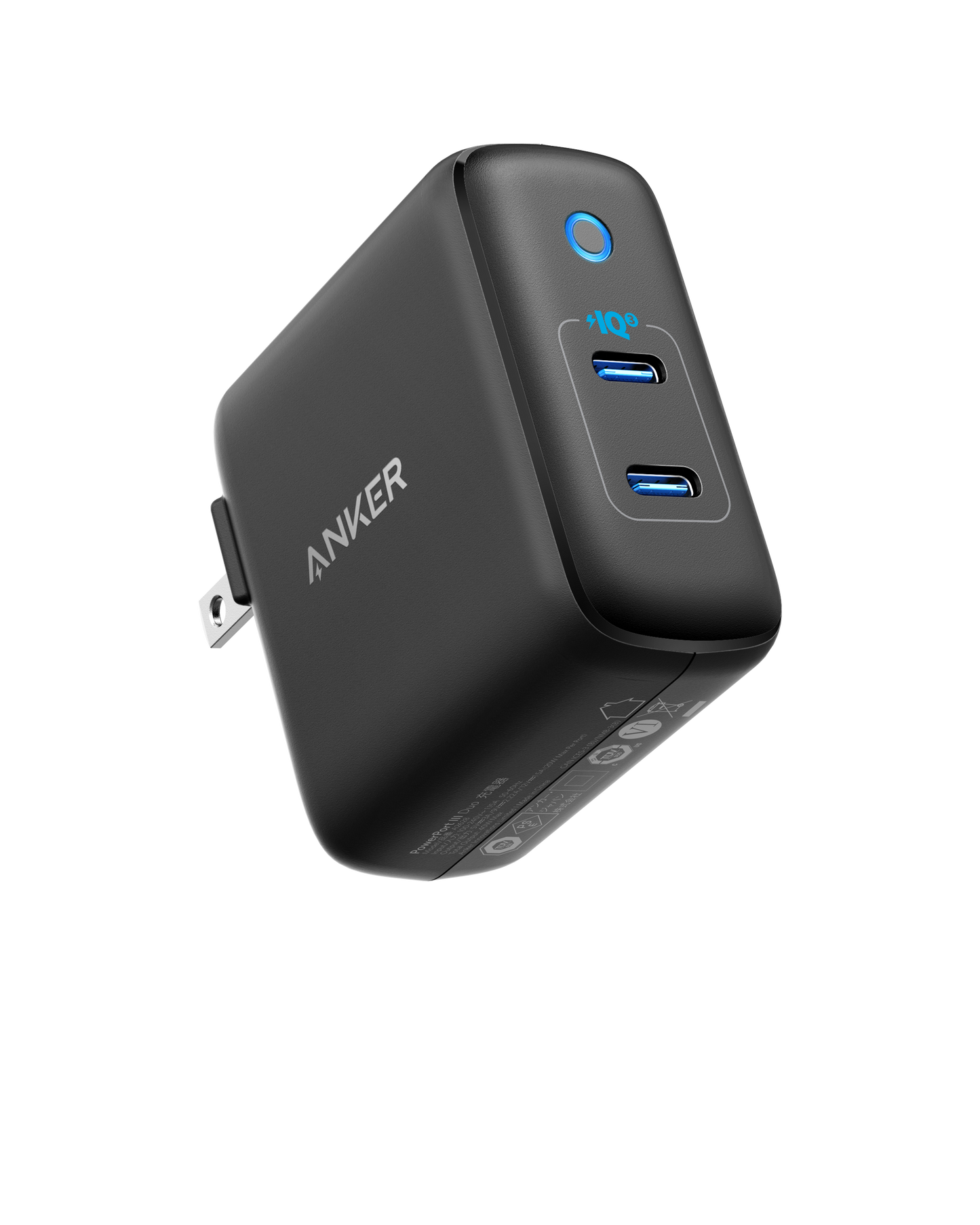The Anker 324 Charger (40W) by Anker is a black wall charger with two blue USB-C ports for fast charging, a blue circular button above them, foldable prongs, and the Anker logo on the side. The background is plain white.