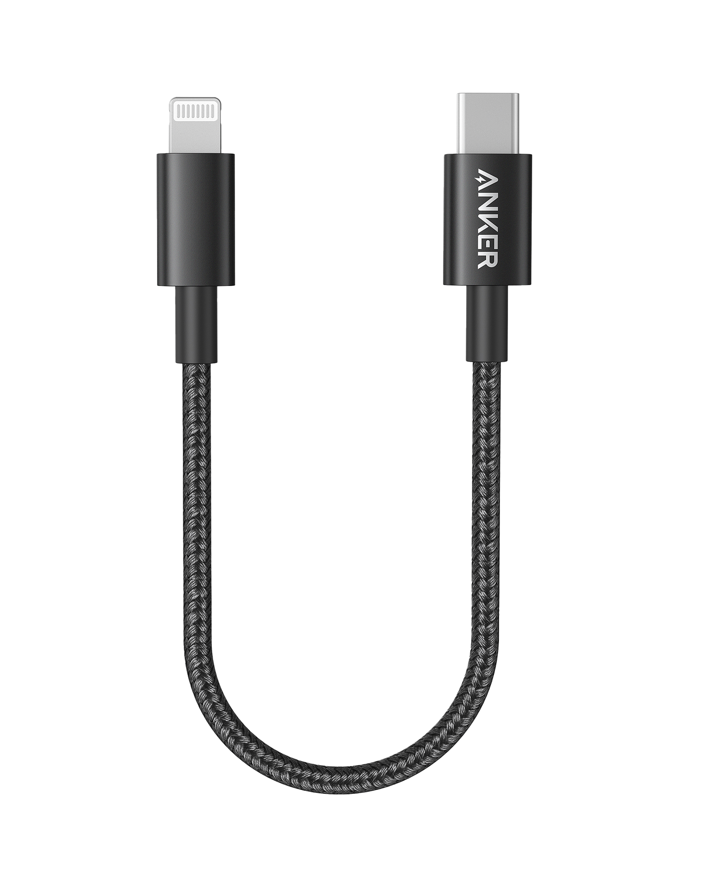 The Anker 331 USB-C to Lightning Cable by Anker is shown in black with a short, braided design and MFi Certified connectors, displayed on a white background—ideal for reliable iPhone charging.