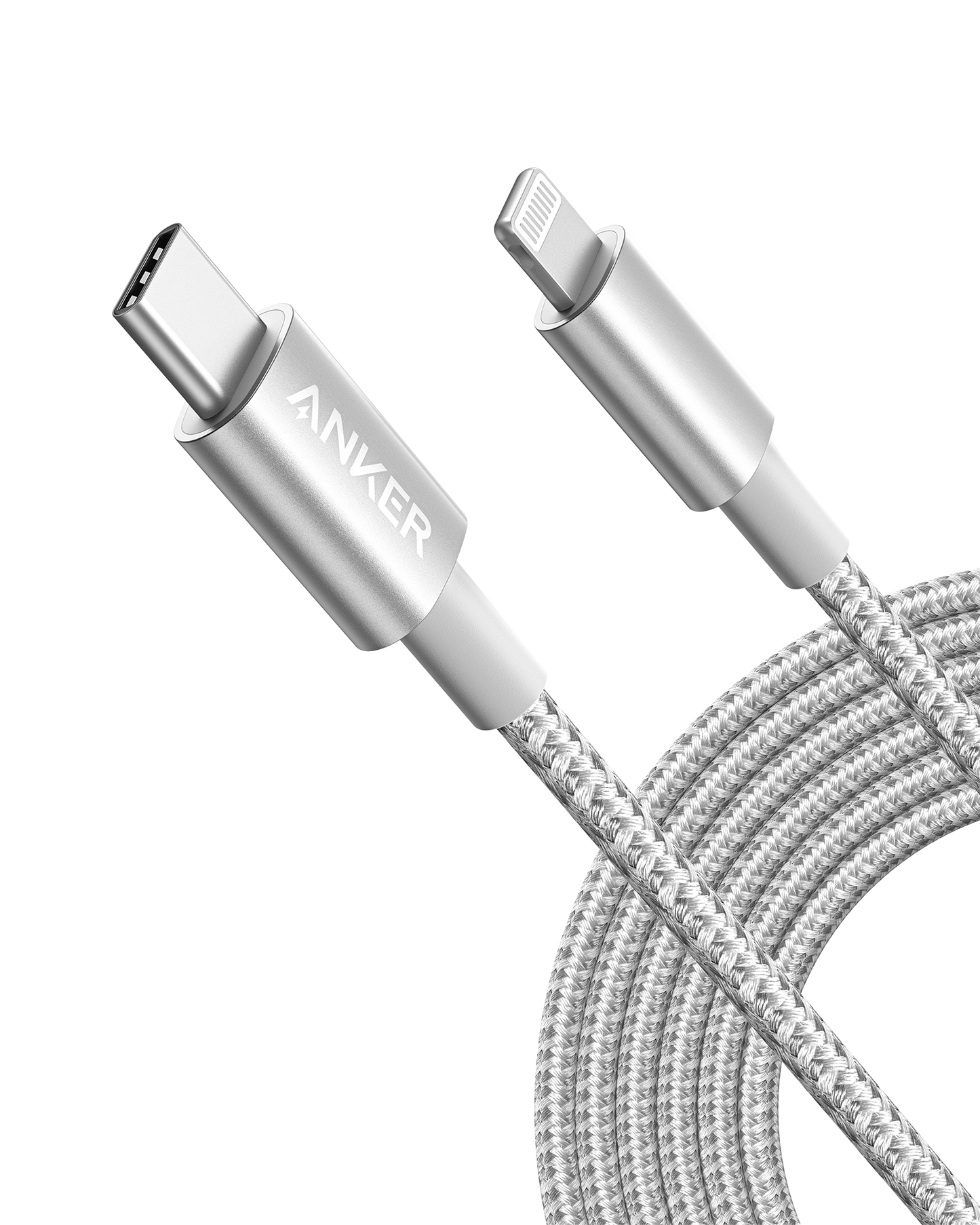 The Anker 331 USB-C to Lightning Cable, featuring a braided silver design and "Anker" branding, is MFi Certified for iPhone charging. Its metallic finish highlights premium quality and style against a white background.