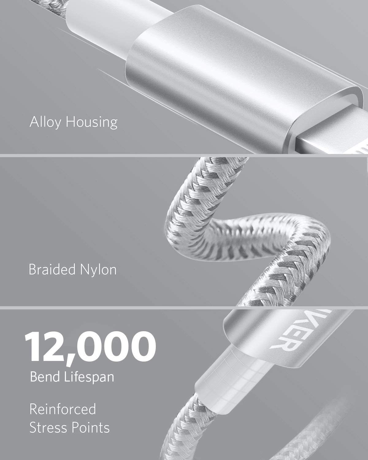 Close-up of the Anker 331 USB-C to Lightning Cable by Anker, featuring MFi certification, alloy connector housing, braided nylon cable, reinforced stress points, and a 12,000-bend lifespan.