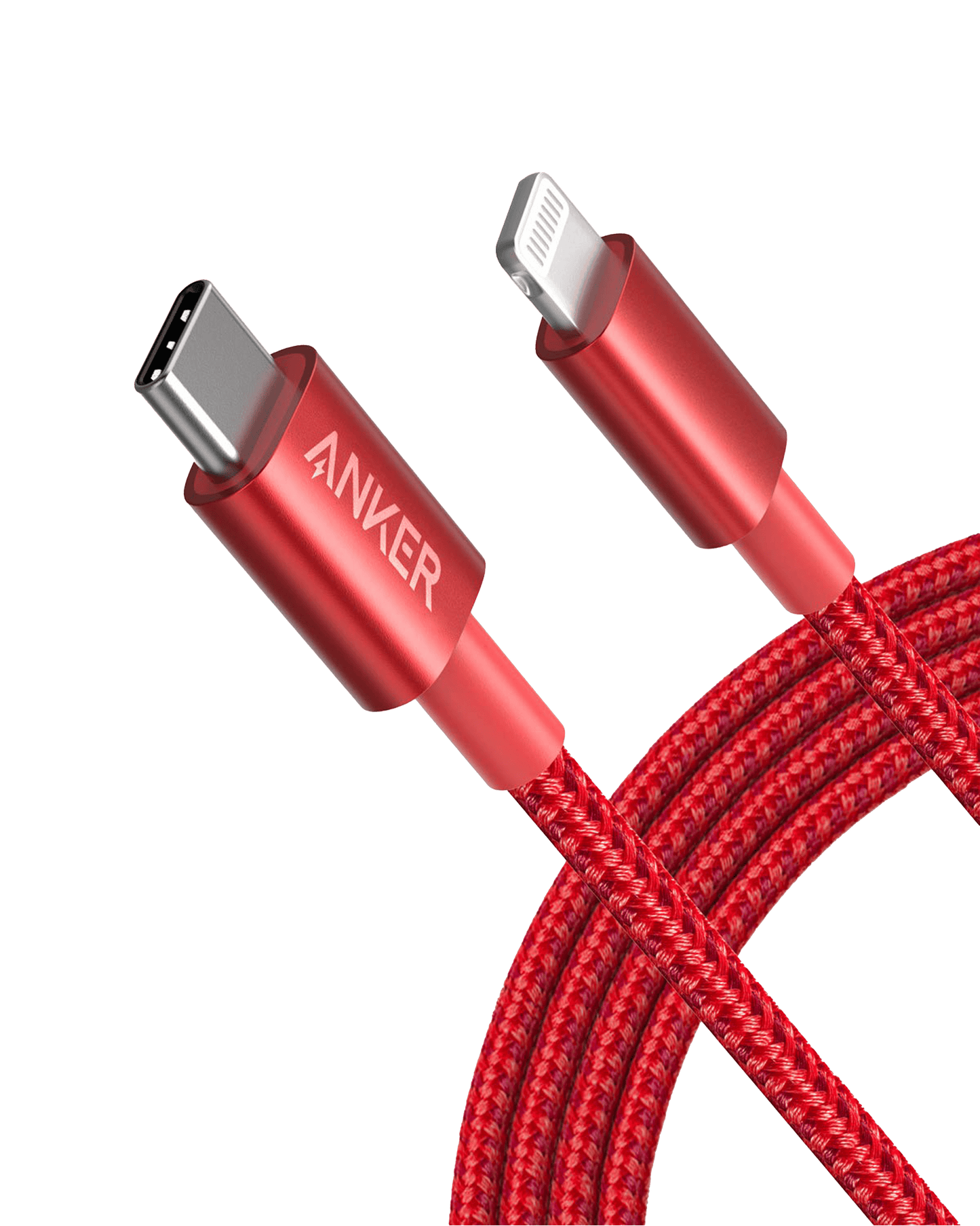 The Anker 331 USB-C to Lightning Cable features a red braided design with metallic housings. MFi certified, this Anker cable ensures fast, reliable charging for your Apple devices. Shown here against a plain white background.