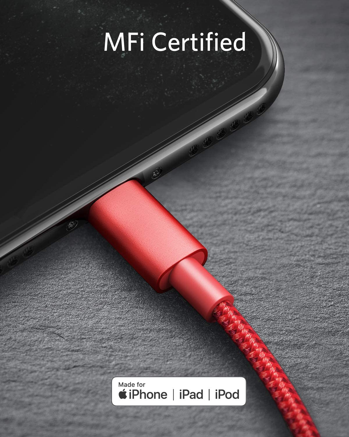 A close-up of the red Anker 331 USB-C to Lightning Cable plugged into a black iPhone. "MFi Certified" is shown above, and the Apple logo with "Made for iPhone | iPad | iPod" appears below on a dark textured background.