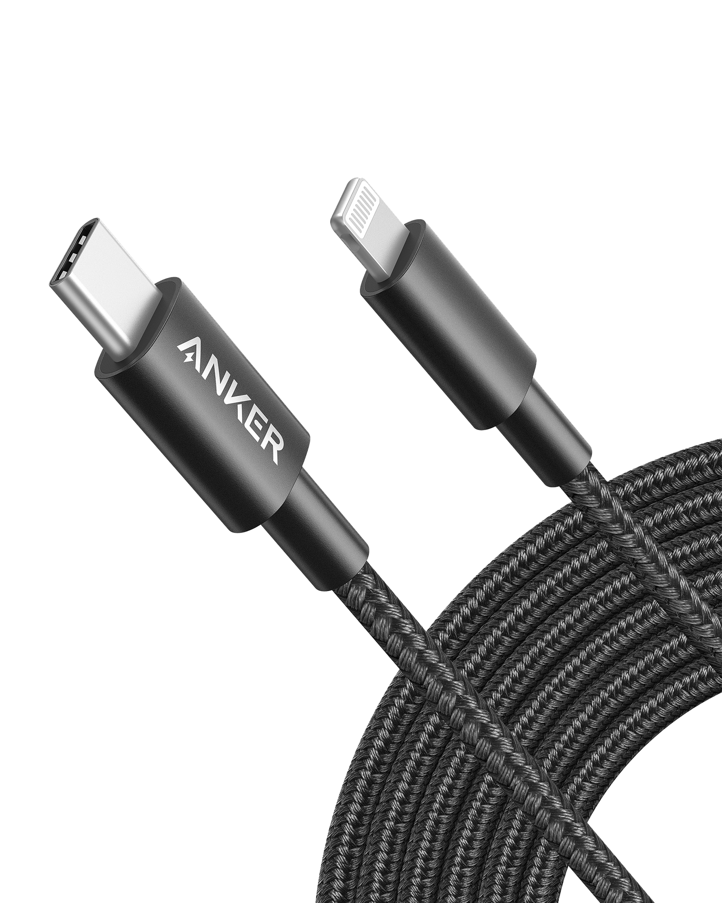 The Anker 331 USB-C to Lightning Cable is a black braided, MFi-certified iPhone charging cable with reinforced plastic housings and "Anker" branding on the USB-C end, shown coiled against a plain white background.
