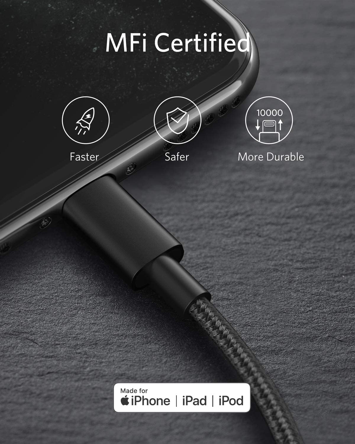 A close-up of an Anker 331 USB-C to Lightning Cable plugged into an iPhone on a dark textured surface. Text highlights: Faster, Safer, More Durable—10,000 bend lifespan. The Apple MFi certification logo appears below.