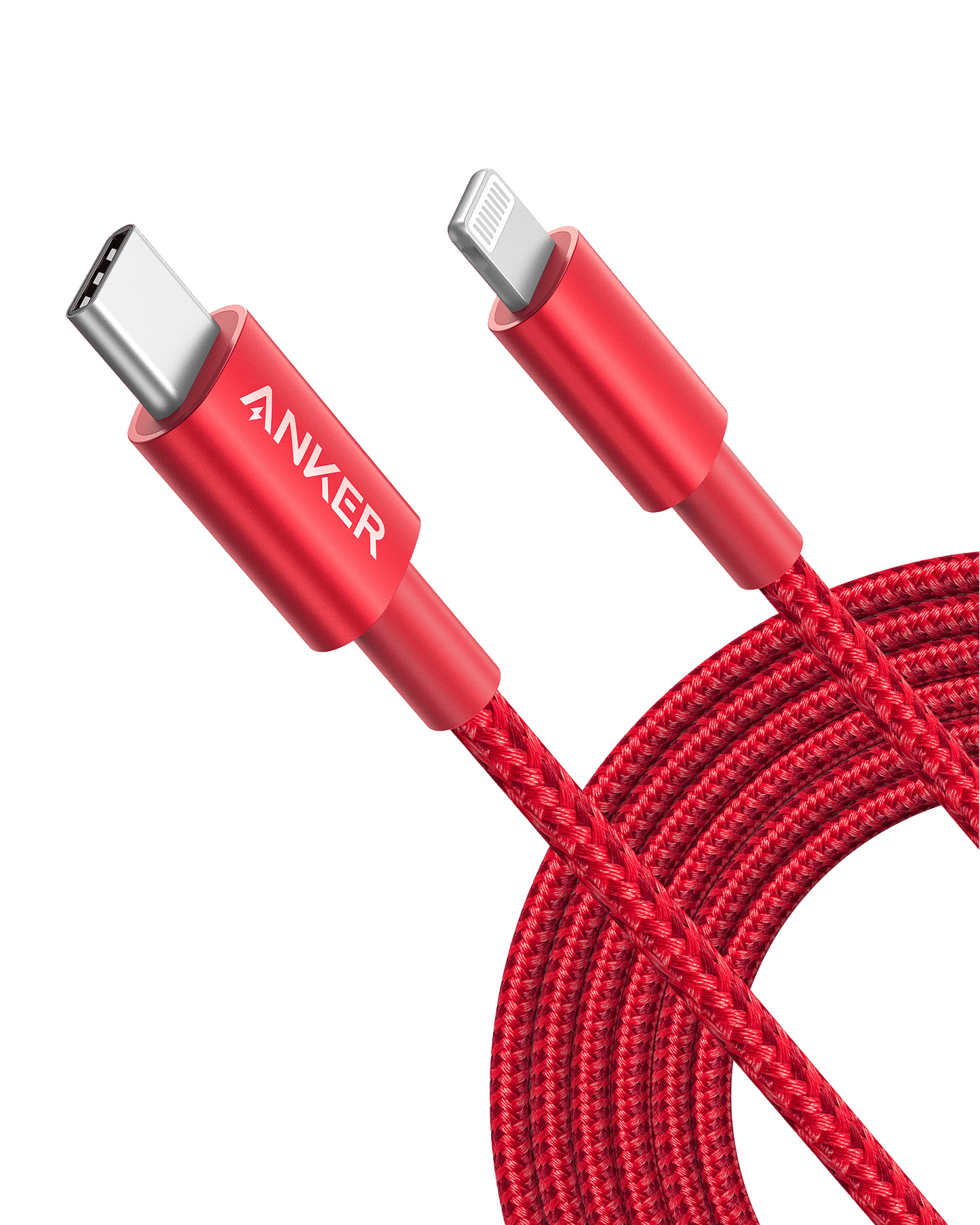 The Anker 331 USB-C to Lightning Cable is a red, braided, MFi Certified cable with metallic red housings and "ANKER" in white on the USB-C end, shown neatly coiled on a white background.