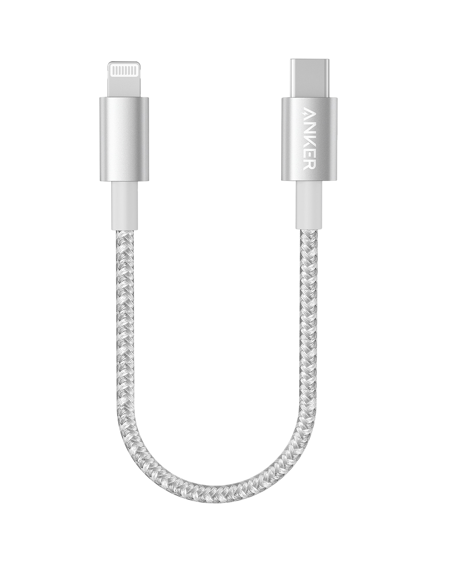 The Anker 331 USB-C to Lightning Cable, shown in silver with a braided design and metallic-finish connectors, features an “Anker” label and is MFi Certified for iPhone charging.