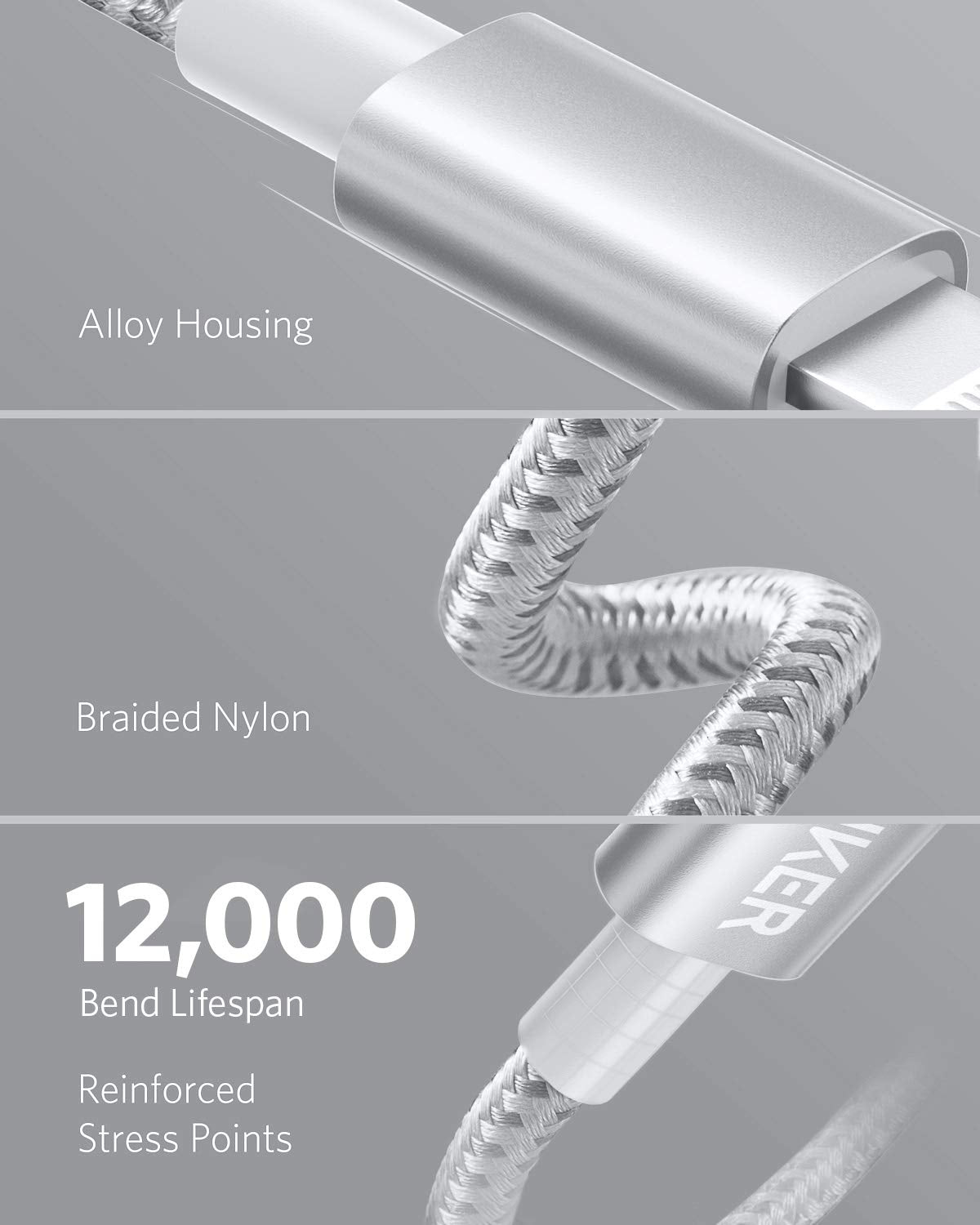 Close-up of the Anker 331 USB-C to Lightning Cable by Anker, featuring alloy housing, braided nylon for durability, reinforced stress points, and a 12,000-bend lifespan. Key features: Alloy Housing & Braided Nylon.