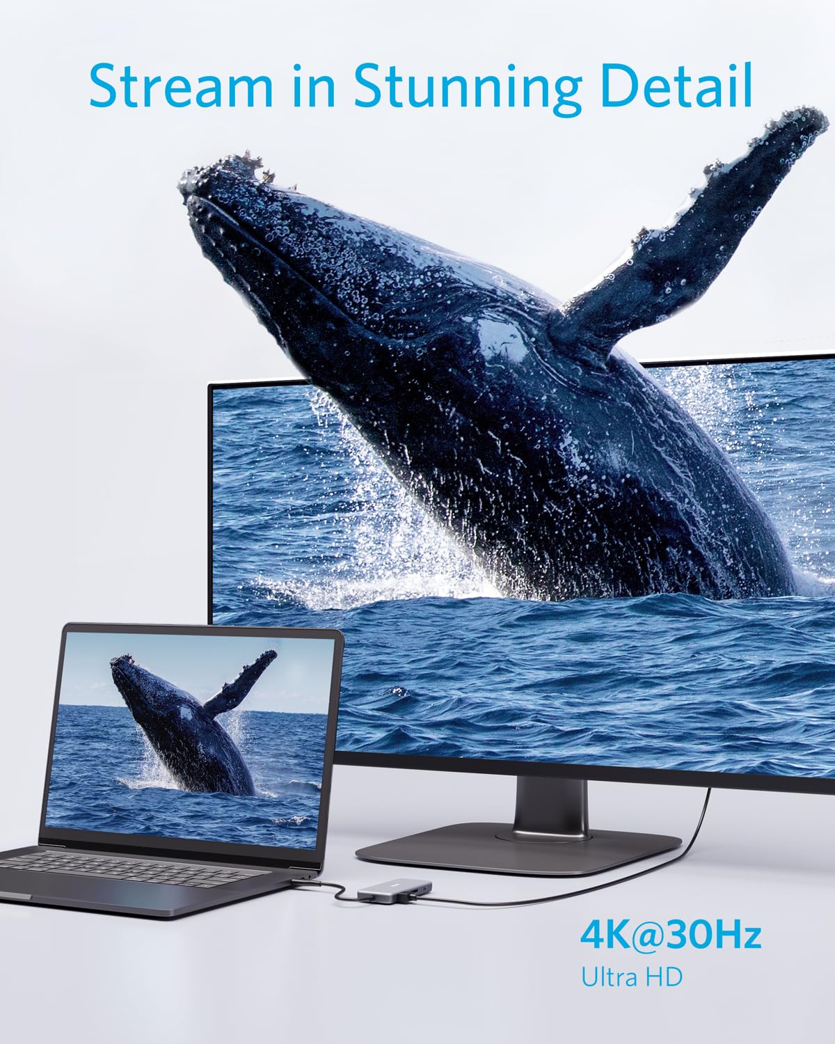Anker 341 USB-C Hub (7-in-1) connects a laptop and large monitor displaying a vivid whale image under “Stream in Stunning Detail.” Text reads “4K@30Hz Ultra HD,” highlighting the hub’s 4K HDMI support.