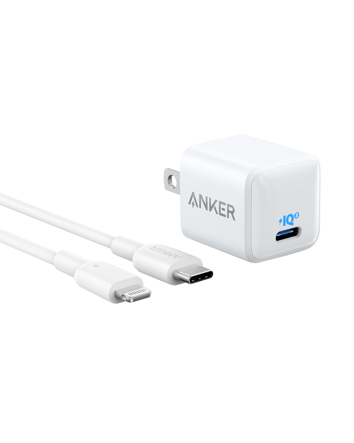 The Anker 511 Charger (Nano) with USB-C to Lightning Cable, shown in white with a blue port and IQ label on a light gray background, makes an ideal iPhone 13 charging setup.