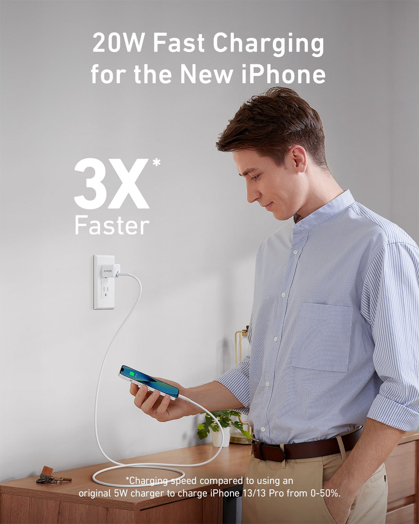 A man in a light blue shirt uses his iPhone while it charges with the Anker 511 Charger (Nano) and USB-C to Lightning Cable. Text reads, “3X Faster—20W Fast Charging for the New iPhone,” compared to a 5W charger.