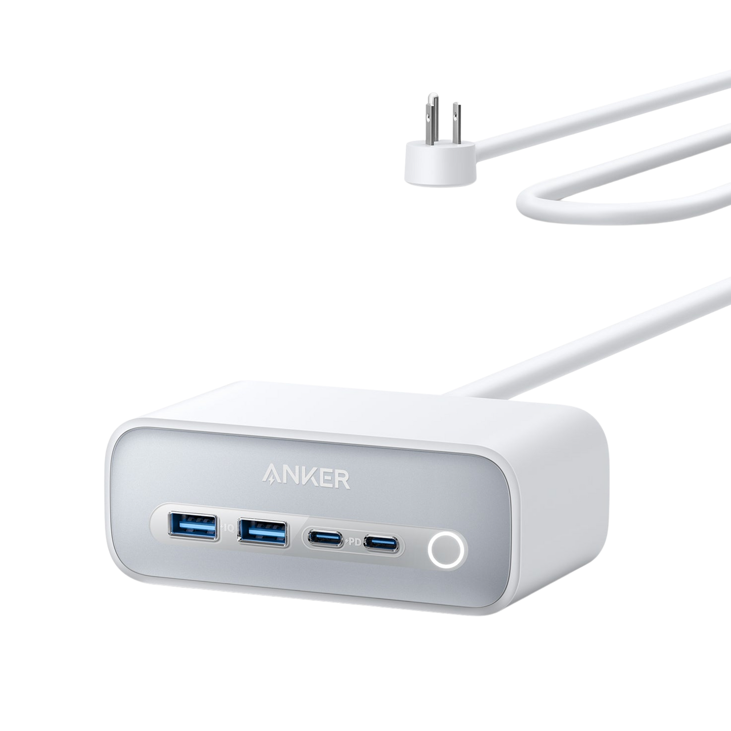 The Anker 525 Charging Station is a white, rectangular power strip featuring two USB-A ports, two fast-charging USB-C ports, a circular power button, and an attached white cable with a two-prong plug. The background is light gray.