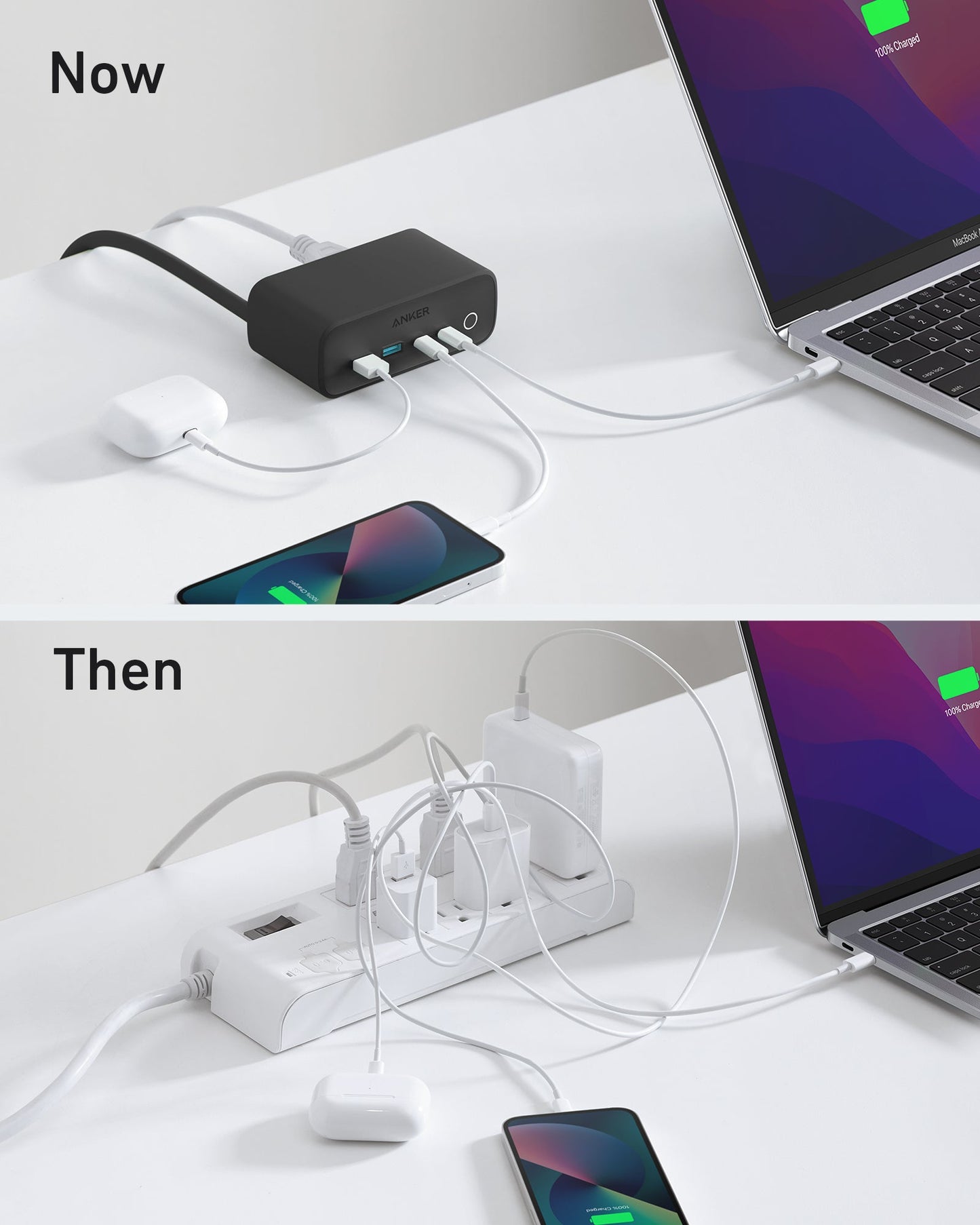 Split image: "Now" (top) shows a neat workspace with the Anker 525 Charging Station powering a laptop, AirPods, and phone; "Then" (bottom) shows cluttered power strip with bulky chargers and tangled cables. Brand: Anker.