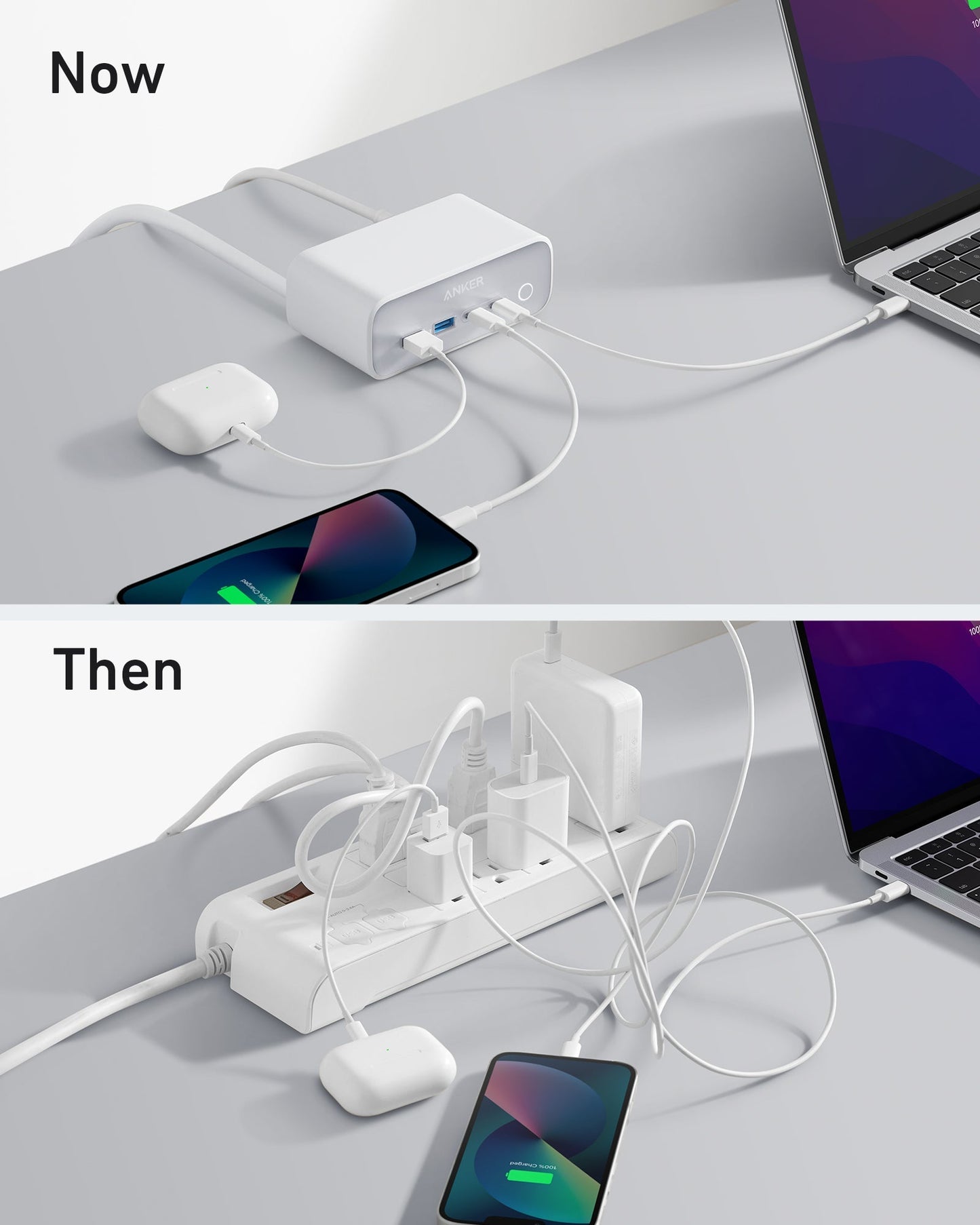 A split image contrasts two setups: Now features a tidy desk with the Anker 525 Charging Station by Anker powering a laptop, phone, and earbuds. Then displays a cluttered desk with bulky chargers, tangled cables, and the same devices.