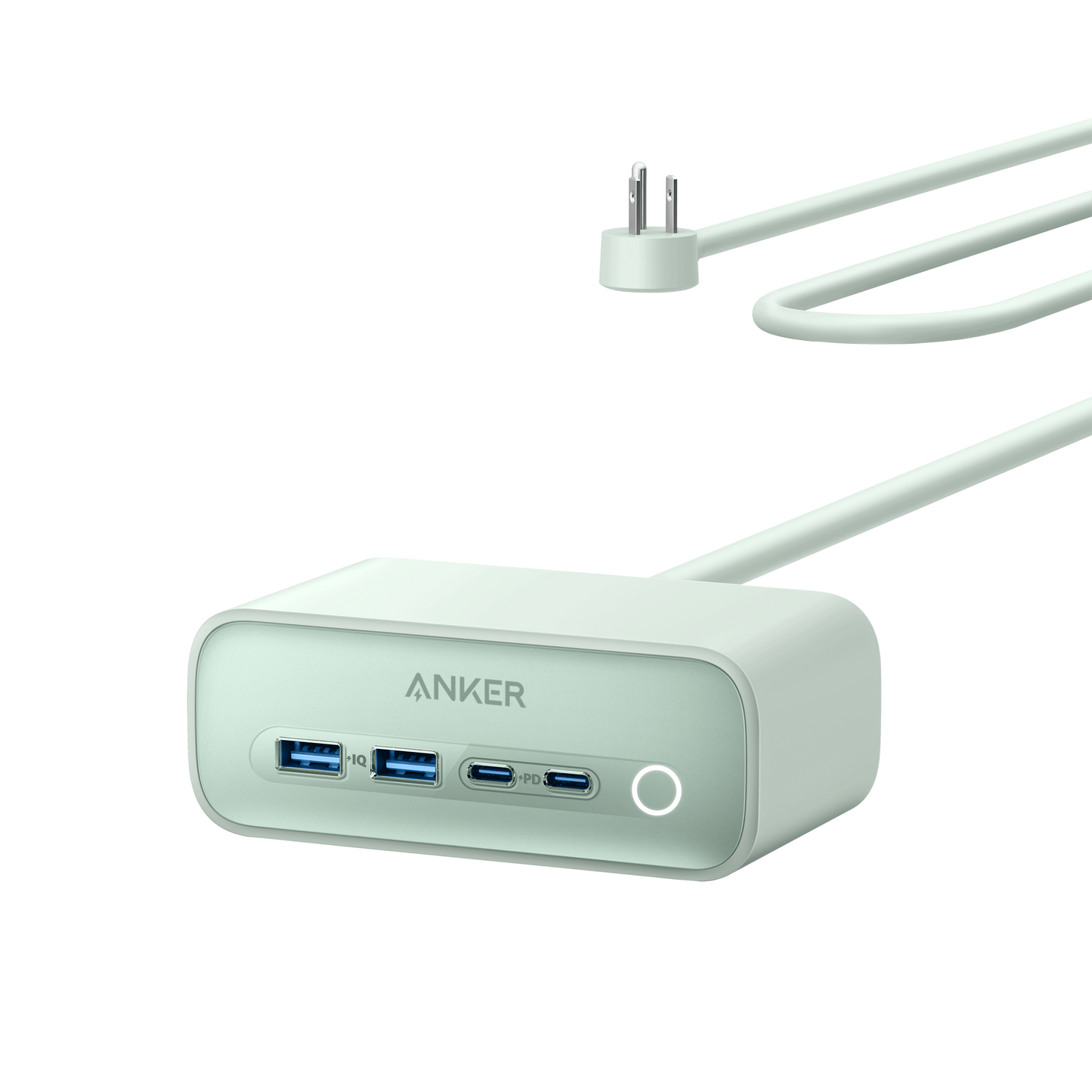 The Anker 525 Charging Station by Anker is a compact, rectangular device with two USB-A ports, two fast-charging USB-C ports, a circular LED indicator, and an attached white power cable with a two-prong plug, shown on a plain white background.