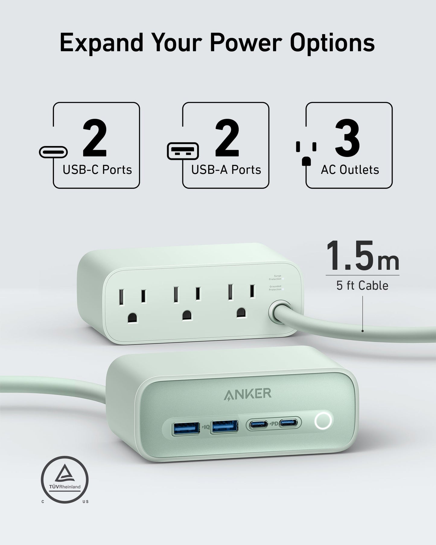 The Anker 525 Charging Station by Anker, in pale green, features 3 AC outlets, 2 USB-C ports, and 2 USB-A ports, with a 1.5m (5 ft) cable and TÜV Rheinland certification for expanded and fast charging.