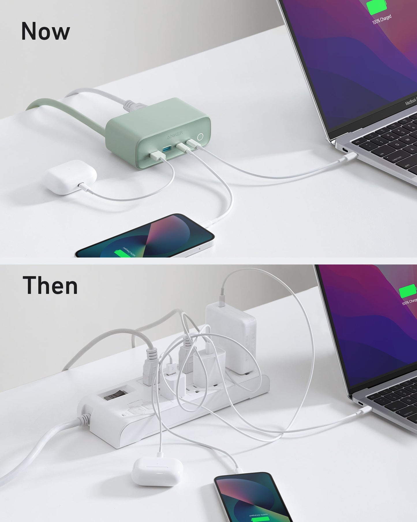 The image compares two charging setups: now, a tidy Anker 525 Charging Station by Anker efficiently powers a laptop, phone, and AirPods; then, a cluttered power strip with tangled cords and bulky adapters on the same white desk.