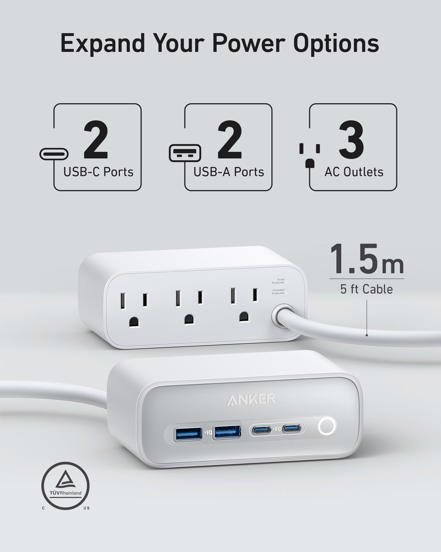 The Anker 525 Charging Station by Anker in white offers 2 USB-C ports, 2 USB-A ports, and 3 AC outlets with a thick 1.5m (5 ft) cable for fast charging. Icons indicate port types and TÜV Rheinland safety, alongside "Expand Your Power Options.