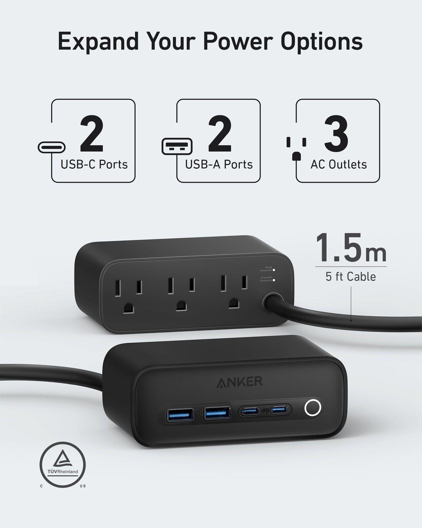Two black Anker 525 Charging Stations are shown: one with three AC outlets, the other with fast charging via two USB-C and two USB-A ports. A 1.5m cable and TUV Rheinland safety logo are featured at the bottom left.