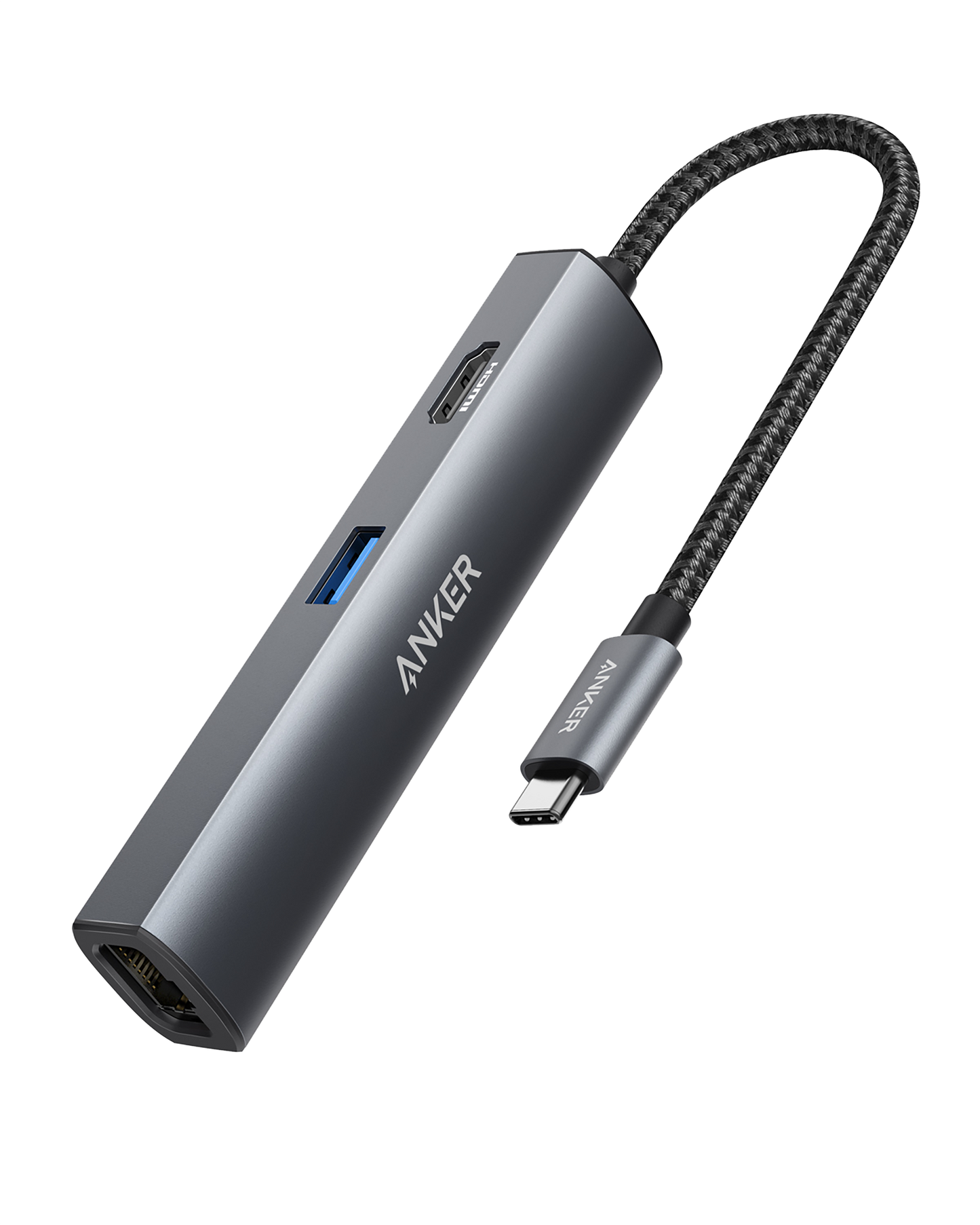 The Anker 533 USB-C Hub (5-in-1, Slim) is a gray, metallic hub with an attached braided cable. Featuring HDMI, USB-A, and Ethernet ports, it displays the Anker logo on its side and appears against a plain white background.