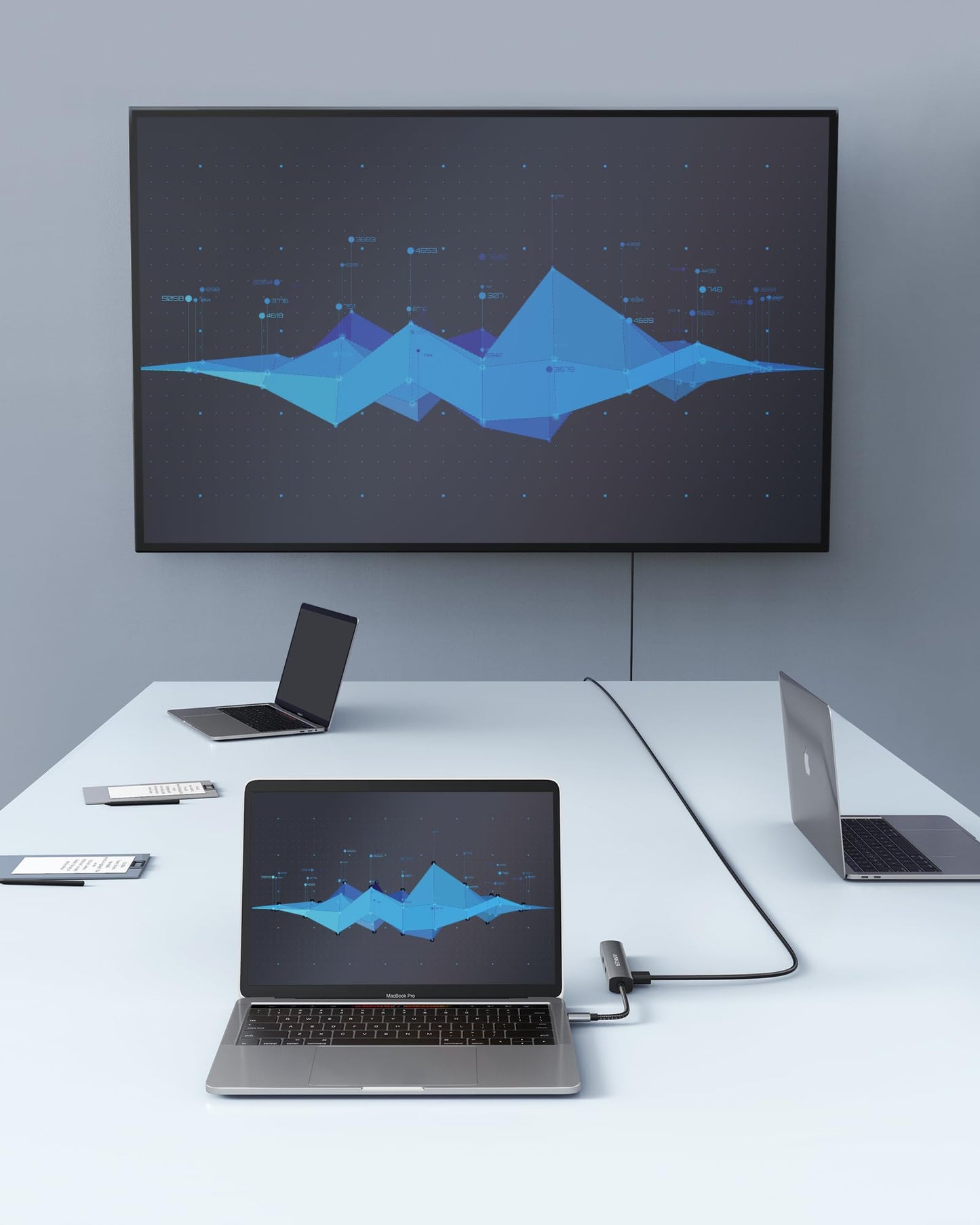 A modern meeting room features a large screen showing blue data, with three open laptops on a white table. An Anker 533 USB-C Hub (5-in-1, Slim) links one laptop to the display. A smartphone and notepad complete this tech-focused setup.