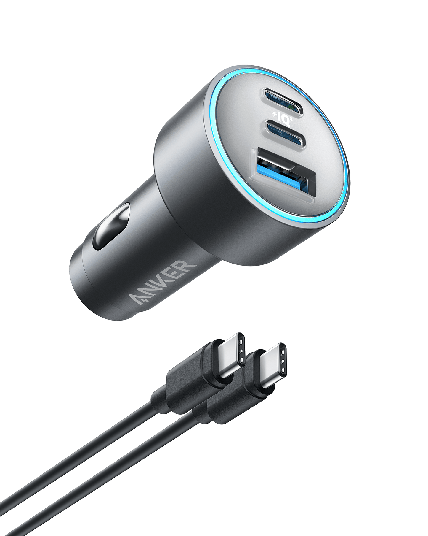 The Anker <b>535</b> Car Charger (67W) is a compact, sleek charger with USB-C and USB-A ports and a blue LED ring. It comes with two black USB-C to USB-C cables, shown below the charger on a white background.