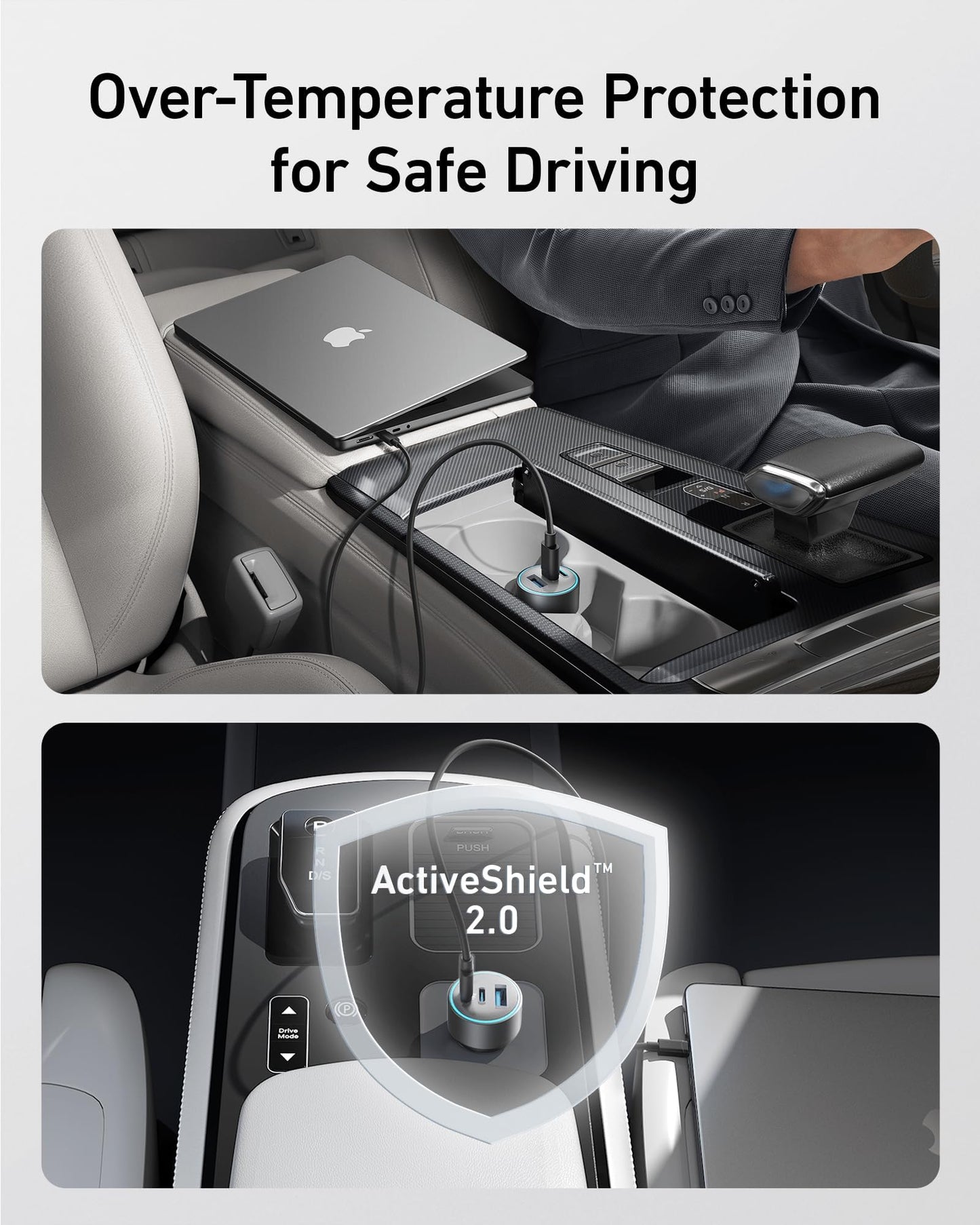 A two-panel image. Top: A person in a suit charges a laptop with the Anker 535 Car Charger (67W) in a car’s center console. Bottom: ActiveShield 2.0 tech ensures safe, fast charging while driving.