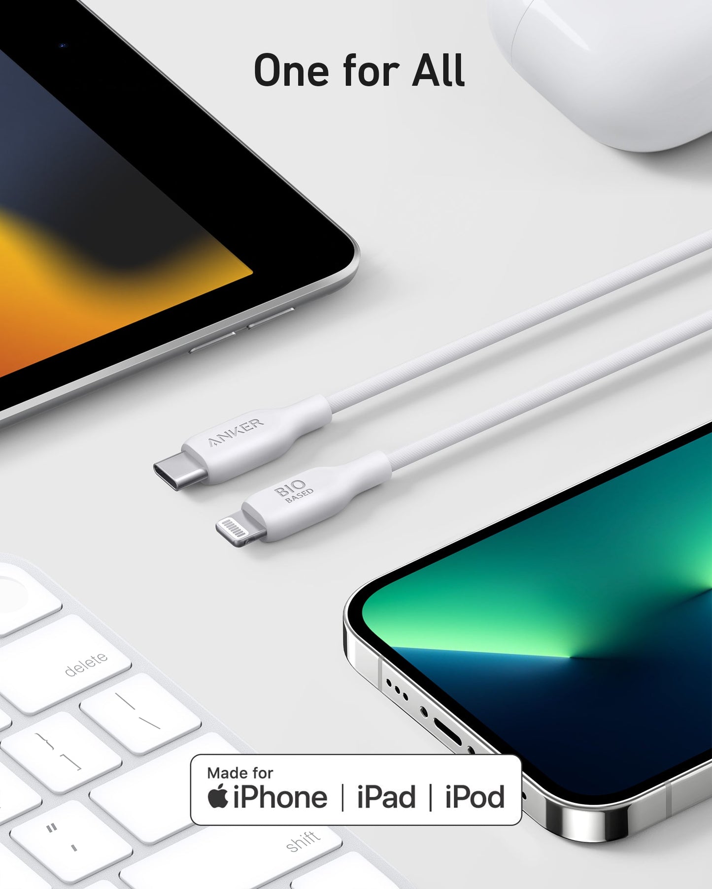 Two white Anker 541 USB-C to Lightning cables (Bio-Based) rest between an iPad, iPhone, and keyboard on a gray surface. "One for All" above highlights these eco-friendly, fast charging iPhone cables with a Made for iPhone badge below.