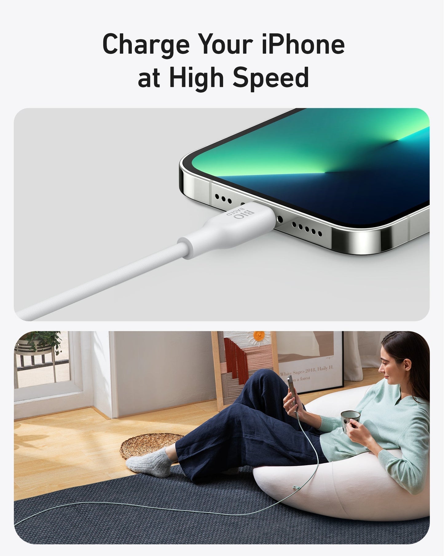 An Anker 541 USB-C to Lightning Cable (Bio-Based) by Anker charges an iPhone with a green screen as a woman relaxes on a bean bag, smiling in a bright, modern room with a circular rug.