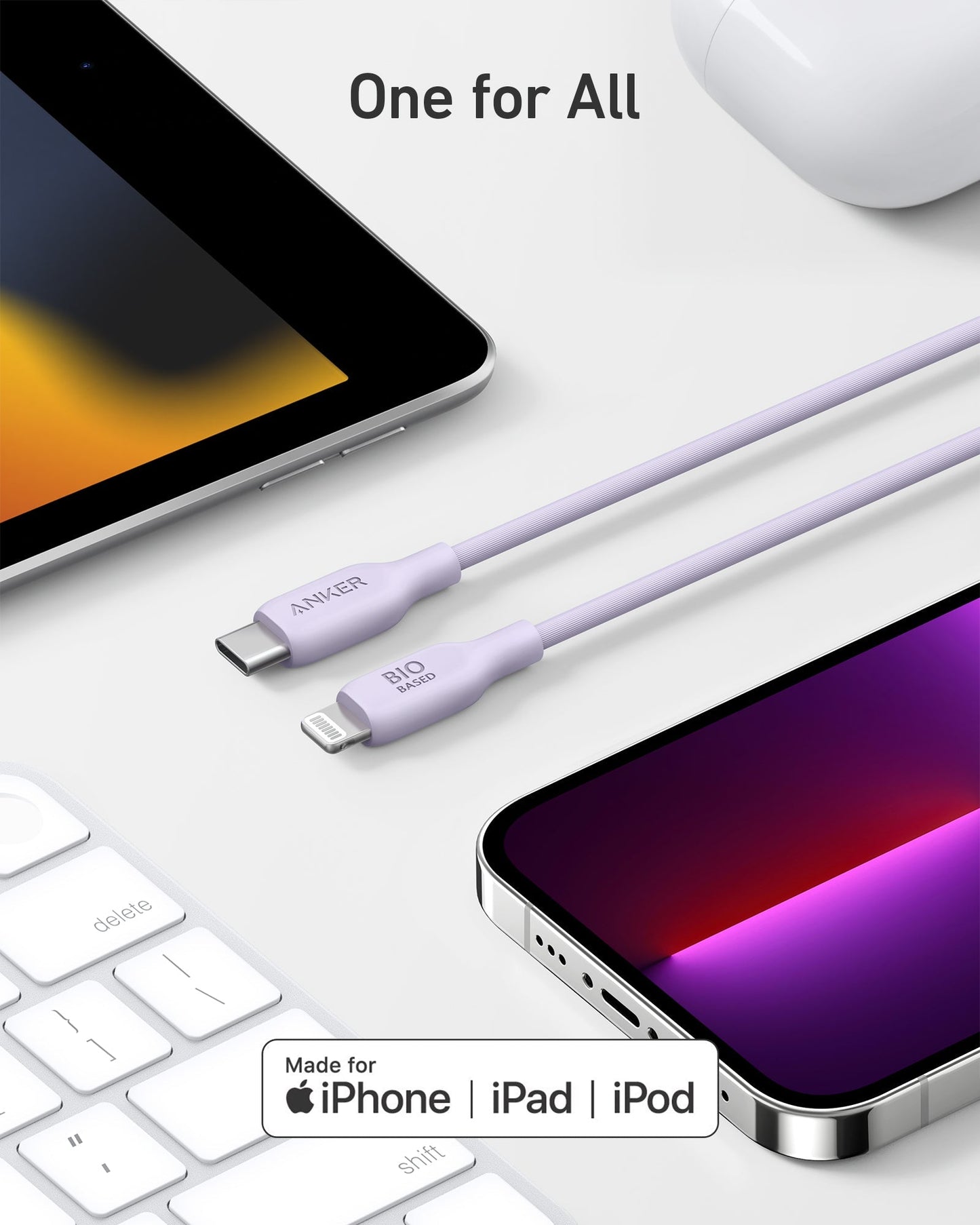 A lavender Anker 541 USB-C to Lightning Cable (Bio-Based) with fast charging lies between an iPad, wireless earbuds case, keyboard, and iPhone. Text reads "One for All." The Apple “Made for iPhone | iPad | iPod” logo appears at the bottom.
