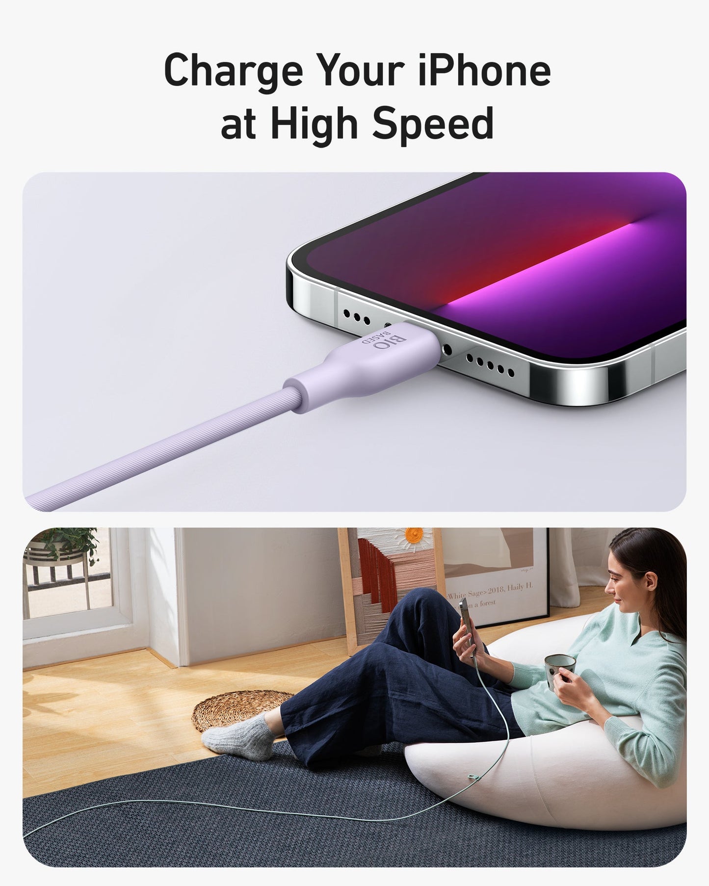 The image shows an Anker 541 USB-C to Lightning Cable (Bio-Based) in lavender charging an iPhone. Below, a woman uses her phone as it charges. Text reads, “Charge Your iPhone at High Speed.” Brand: Anker.