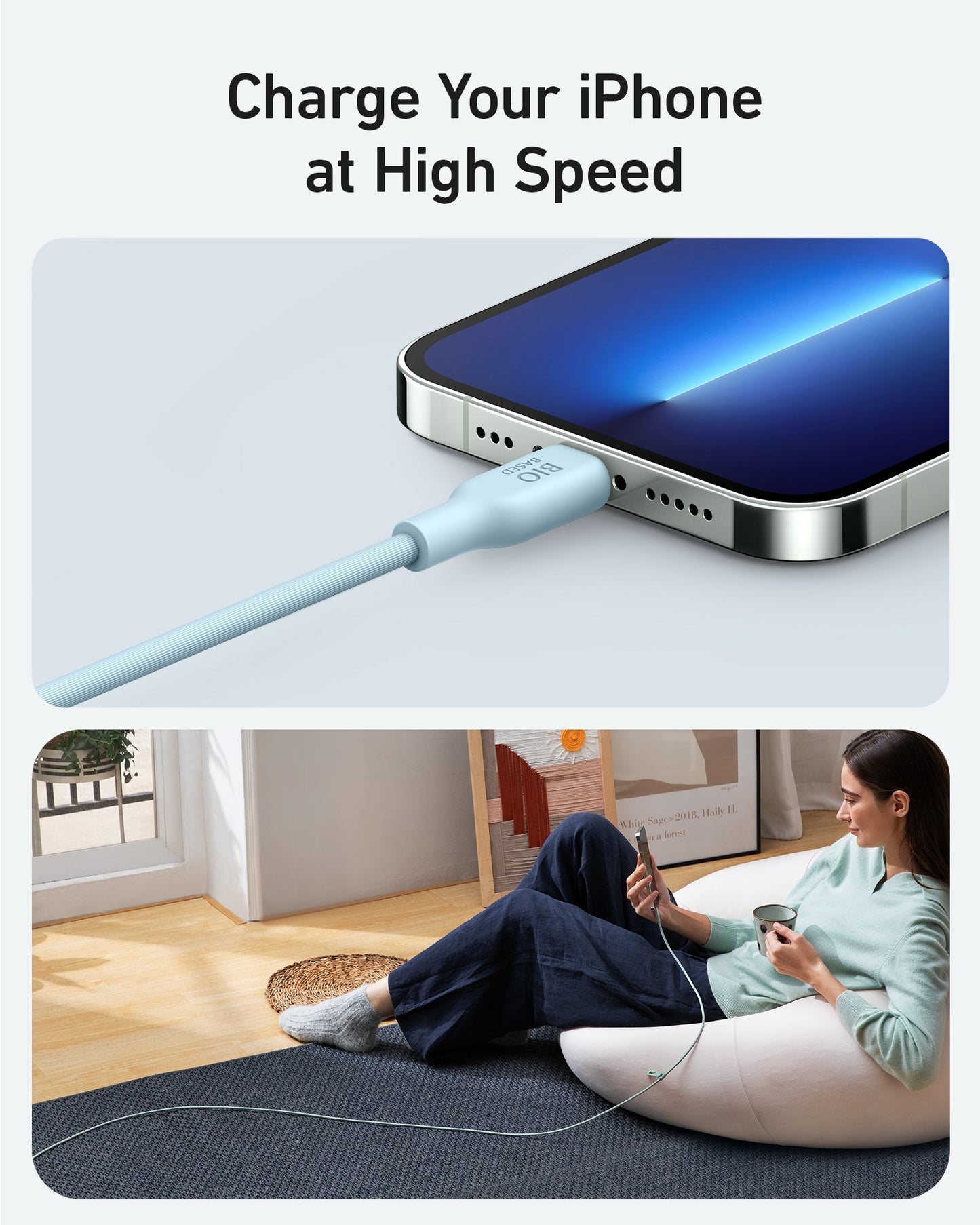 A graphic with "Charge Your iPhone at High Speed" shows an iPhone connected to the Anker 541 USB-C to Lightning Cable (Bio-Based), and below, someone uses their phone while it charges with the same eco-friendly Anker cable.