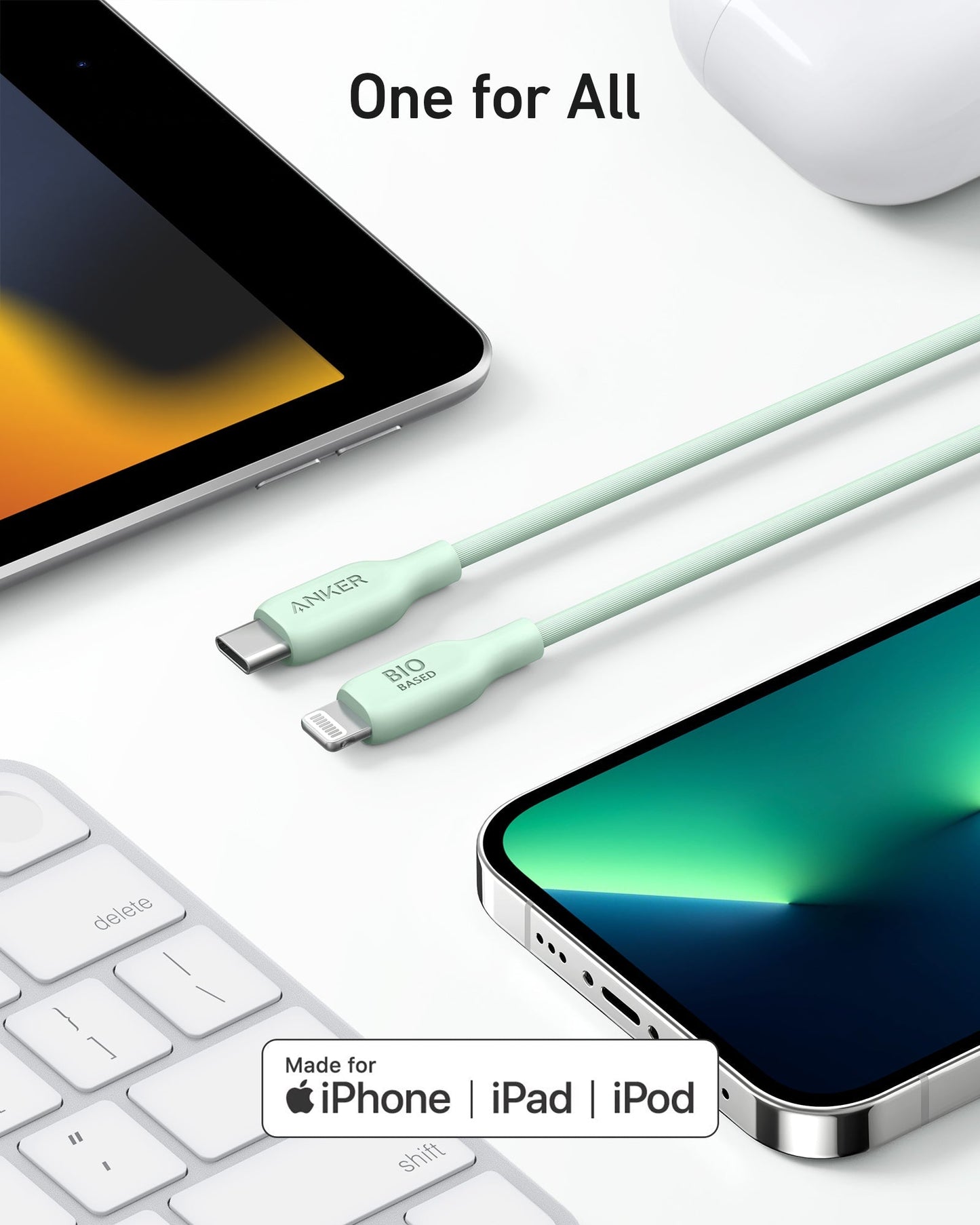 Anker 541 USB-C to Lightning Cable (Bio-Based) sits among an iPad, iPhone, Apple keyboard, and AirPods. "One for All" appears above and a Made for iPhone | iPad | iPod badge below highlights broad compatibility.