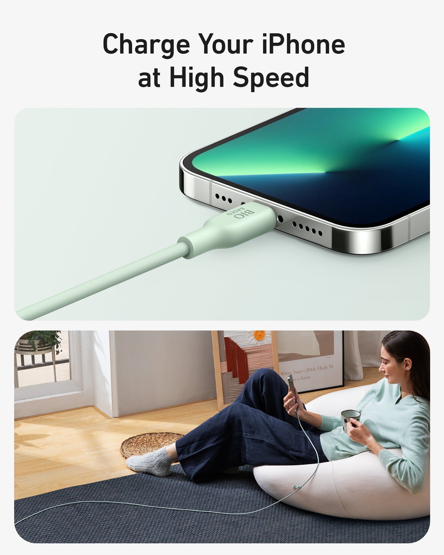 An Anker 541 USB-C to Lightning Cable (Bio-Based) in mint green is plugged into an iPhone. A woman relaxes on a beanbag, smiling as her phone charges quickly with the long, eco-friendly Anker cable.