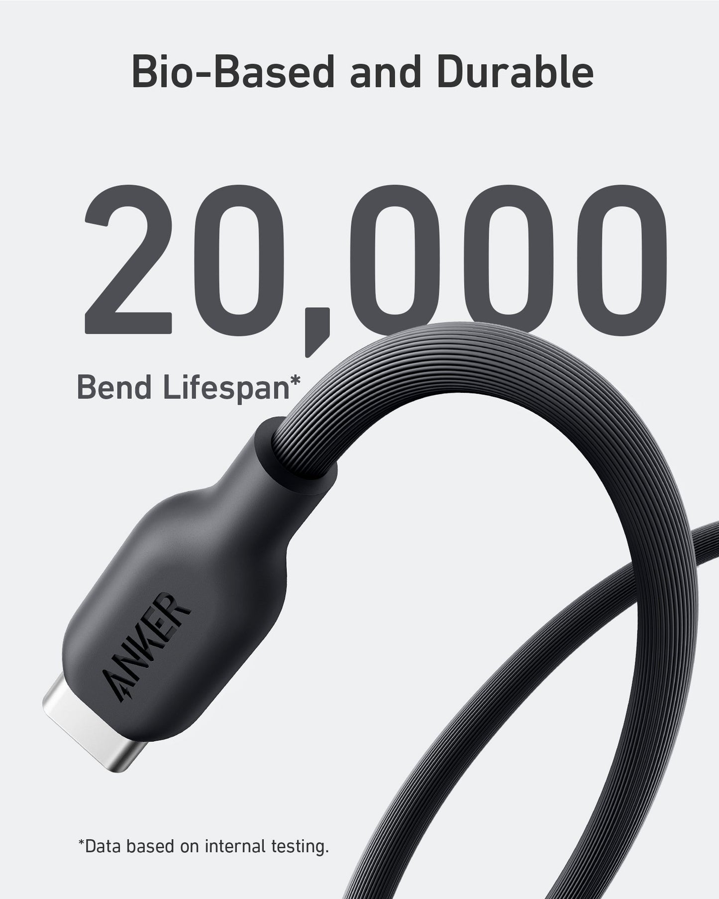 Anker 541 USB-C to Lightning Cable (Bio-Based) in black is bent in an arc, showcasing flexibility. “Bio-Based and Durable” and “20,000 Bend Lifespan*” appear above; smaller text says data is from Anker's internal testing.