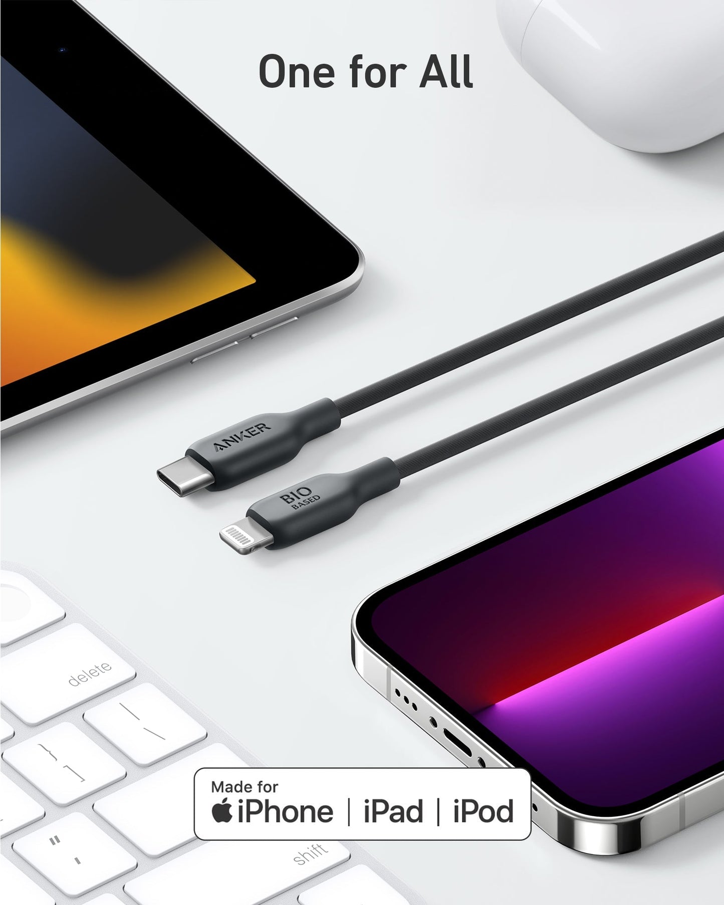 Two Anker 541 USB-C to Lightning Cables (Bio-Based) lie diagonally between an iPad, iPhone, keyboard, and AirPods. “One for All” text is above, with the Made for iPhone, iPad, iPod badge at the bottom. Brand: Anker.