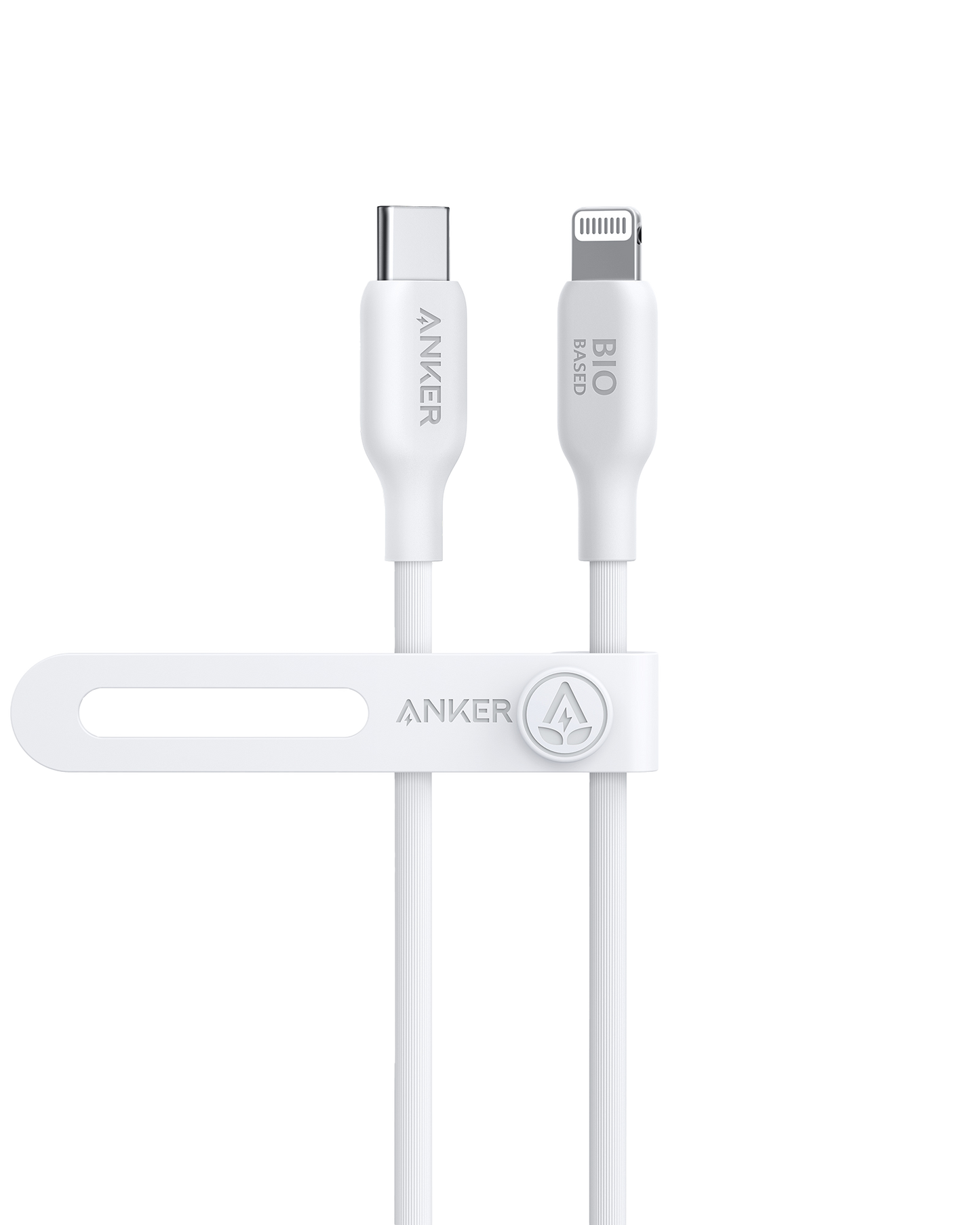 The Anker 541 USB-C to Lightning Cable (Bio-Based) is a white, eco-friendly cable with “BIO BASED” on the Lightning end and a matching white strap labeled “ANKER.” Both connectors are visible against a plain light gray background.
