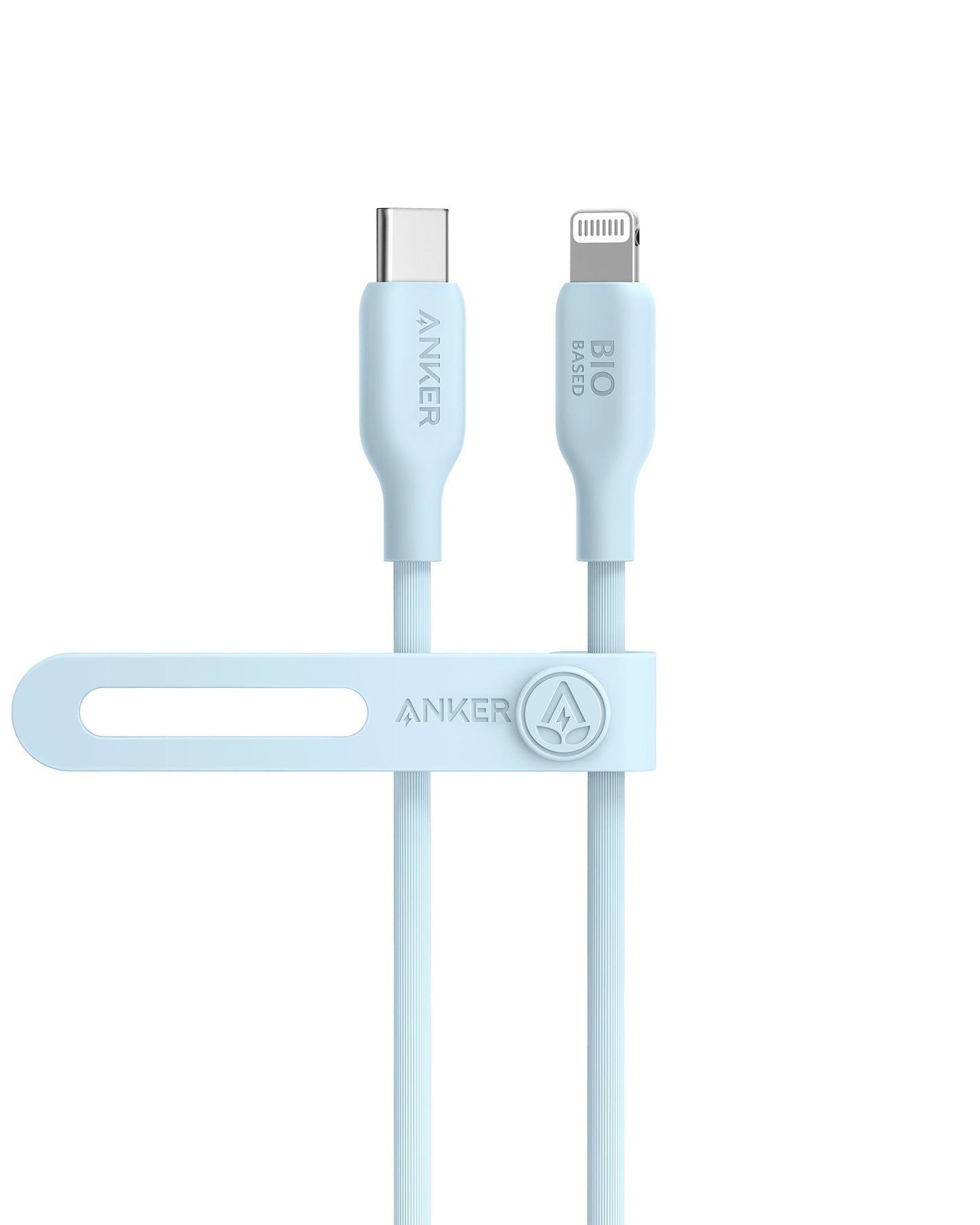 The Anker 541 USB-C to Lightning Cable (Bio-Based) features a light blue, bio-based design with a USB-C connector on one end and a Lightning connector labeled BIO BASED on the other, plus a matching flat cable organizer with the Anker logo.