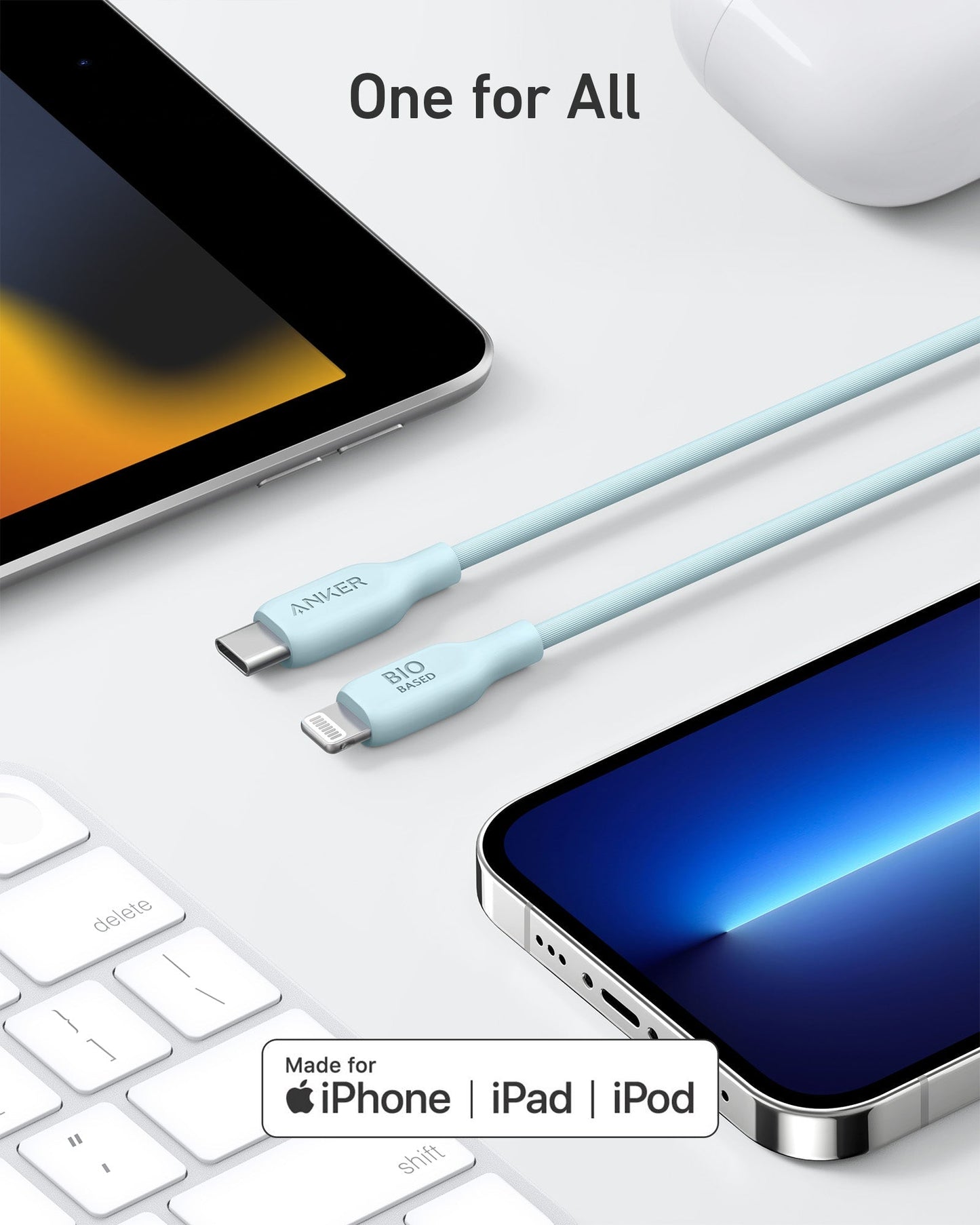 A light blue Anker 541 USB-C to Lightning Cable (Bio-Based) is shown connecting an iPad, iPhone, keyboard, and AirPods under the text “One for All.” At the bottom, icons read: Made for iPhone | iPad | iPod.