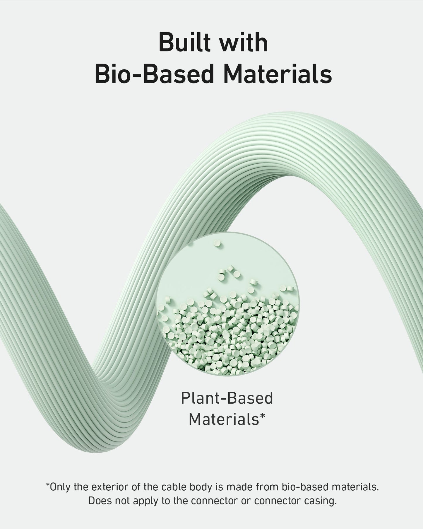 A pale green Anker 541 USB-C to Lightning Cable (Bio-Based) curves on a white background. An inset displays white plant-based pellets. Text above states “Built with Bio-Based Materials.” Only the cable body uses plant-based materials.