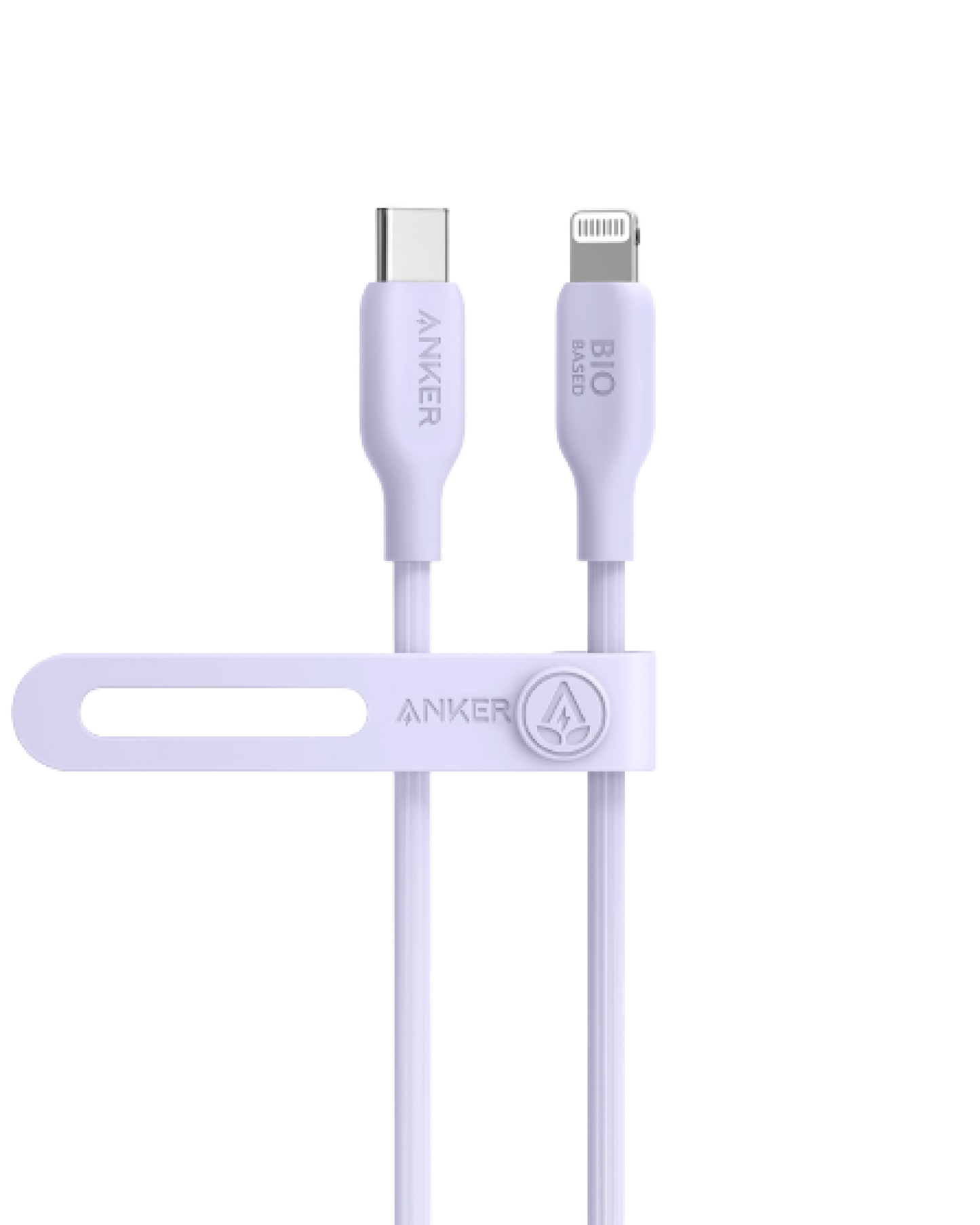 The Anker 541 USB-C to Lightning Cable (Bio-Based) in white features a BIO-labeled, eco-friendly lightning connector and matching Anker logo cable tie, shown upright on a plain white background.