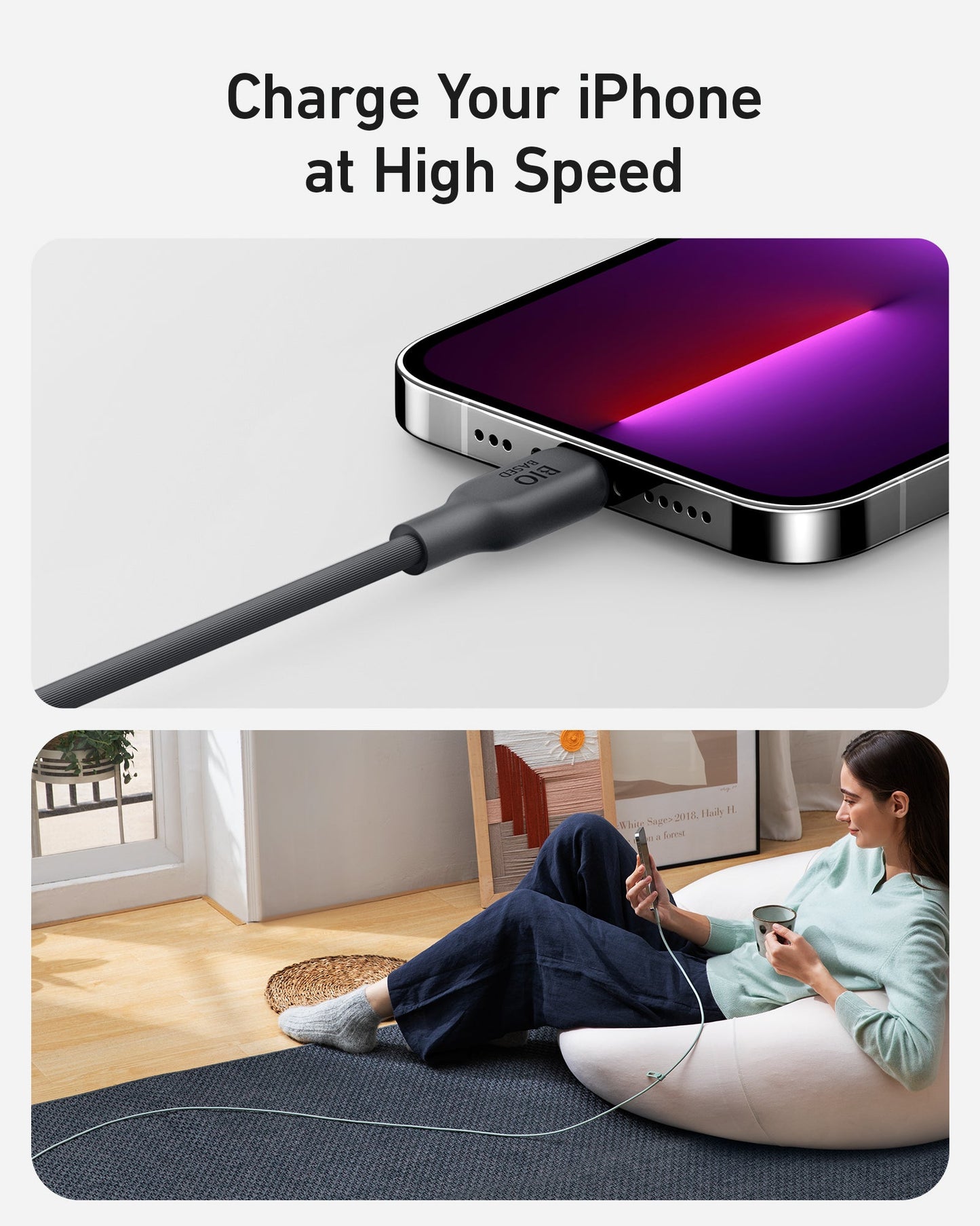 A close-up of an Anker 541 USB-C to Lightning Cable (Bio-Based) charging an iPhone, and below, a woman relaxes on a beanbag smiling while her phone is connected to the long cable. Text: Charge Your iPhone Fast with Anker.