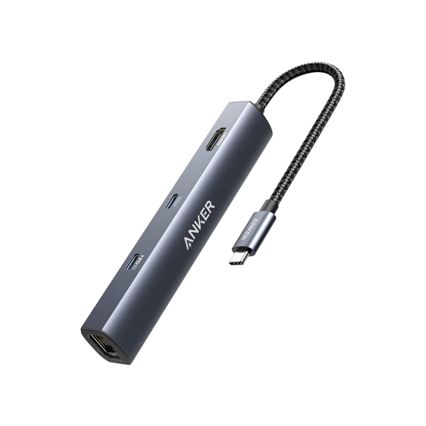 The Anker 543 USB-C Hub (6-in-1, Slim) features a sleek metallic design, Power Delivery, a flexible braided cable, HDMI, USB-A, and Ethernet ports. The Anker logo is on the side, displayed against a plain white background.