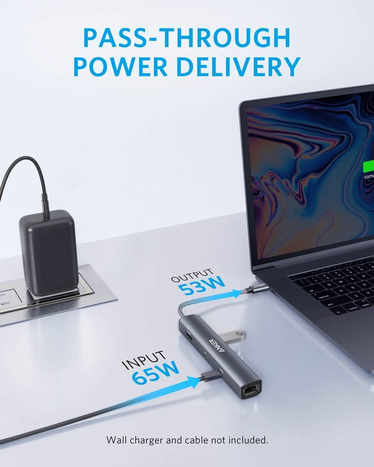 The Anker 543 USB-C Hub (6-in-1, Slim) connects your laptop to a wall charger. Blue text shows INPUT 65W from the charger and OUTPUT 53W to the laptop, with "PASS-THROUGH POWER DELIVERY" above. Wall charger and cable not included.