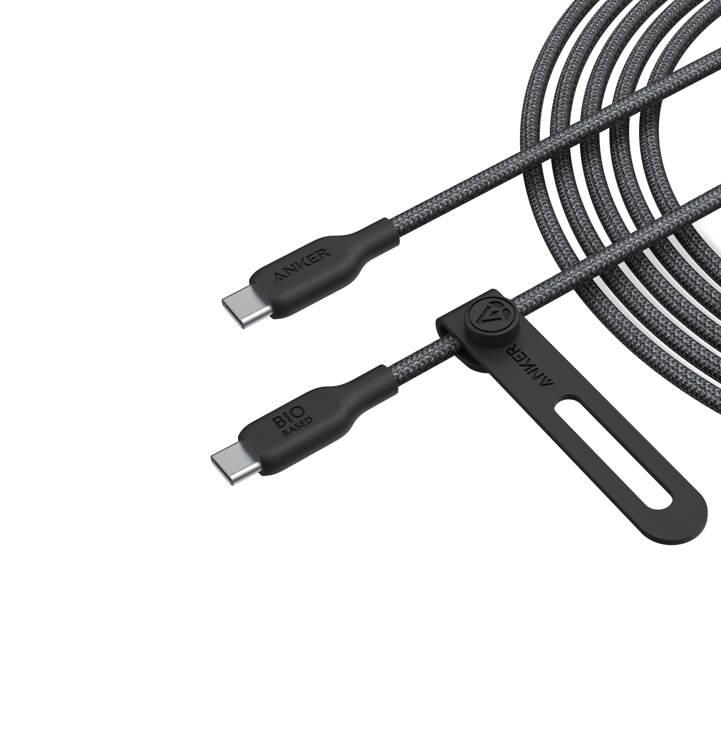The Anker 543 USB-C to USB-C Cable (Bio-Braided) features black connectors—one labeled BIO BASED, one ANKER—and a bio-based nylon braided design with a black Anker-branded strap, shown on a plain white background.
