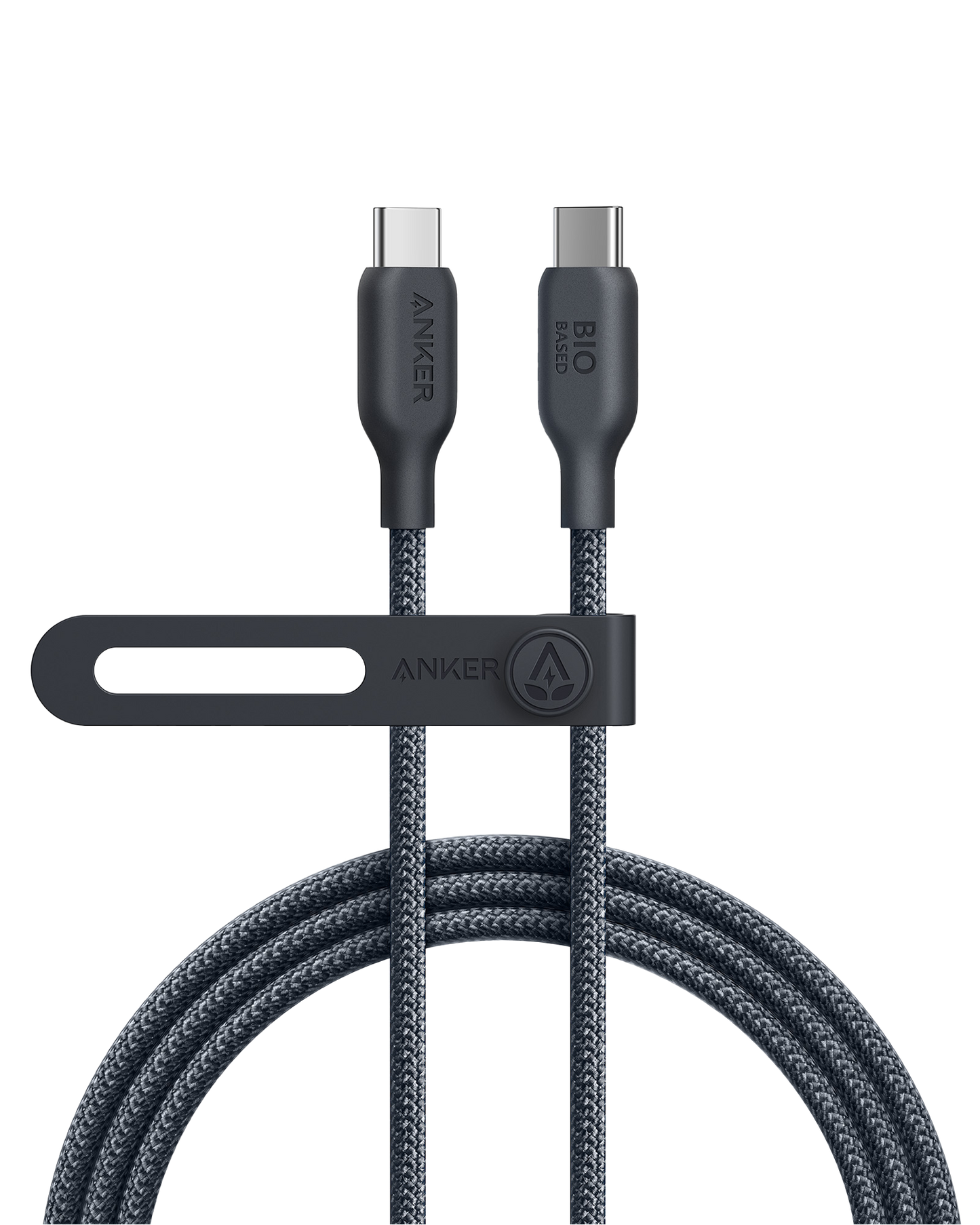 The Anker 543 USB-C to USB-C Cable (Bio-Braided) features a coiled, dark gray bio-based nylon braid, black plastic connectors labeled ANKER and BIO BASED, and a black strap with the Anker logo, shown on a plain white background.