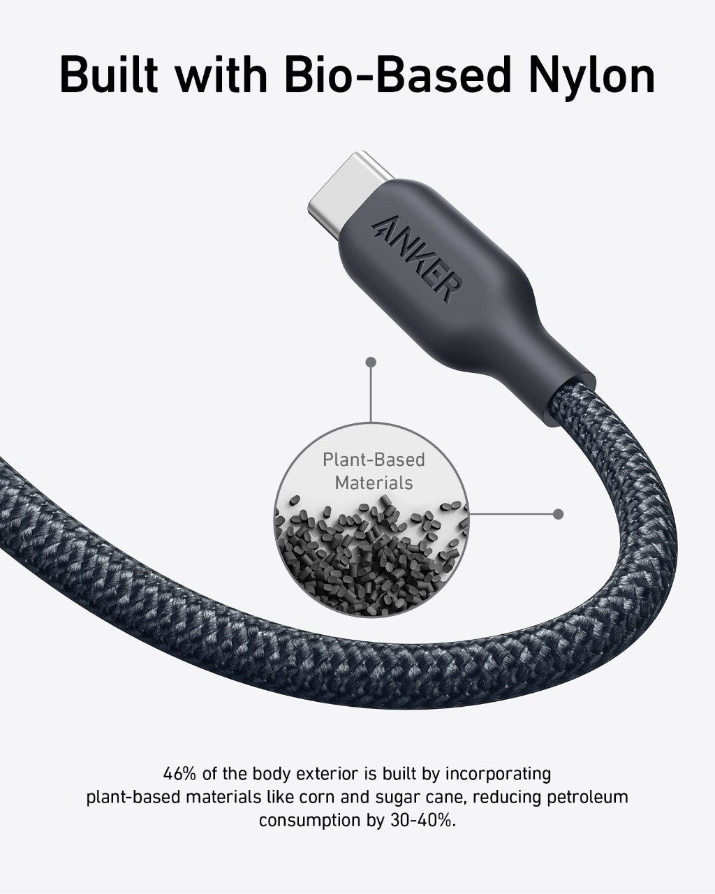 The Anker 543 USB-C to USB-C Cable (Bio-Braided) is shown with black plant-based nylon pellets, highlighting its bio-based construction that reduces petroleum use by 30-40% for an eco-friendly, durable fast-charging solution.