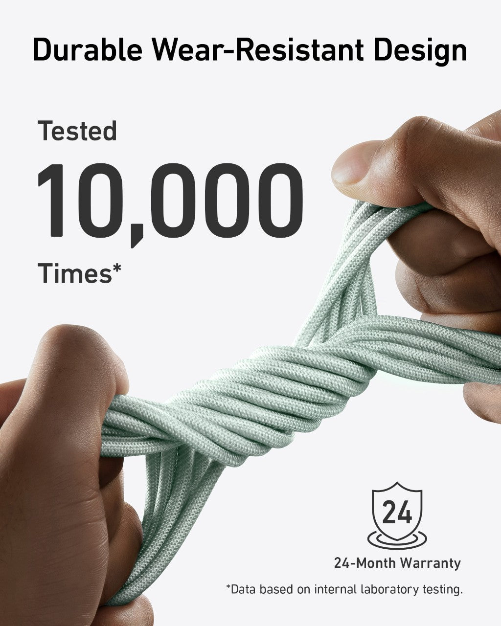 Two hands stretch the Anker 543 USB-C to USB-C Cable (Bio-Braided). Large text reads “Durable Wear-Resistant Design” and “Tested 10,000 Times*.” A shield icon with “24-Month Warranty” highlights Anker’s reliability and internal lab testing.